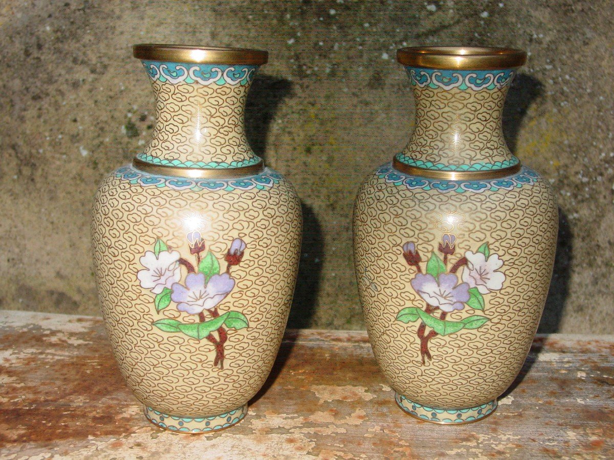 Pair Of Japanese Vases In Cloisonne & Gold-photo-4