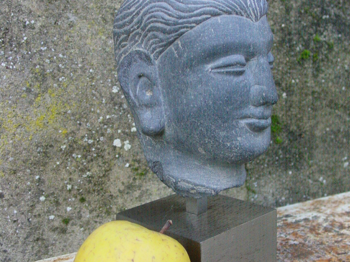 Bouddha Sculpté En Pierre Bleu 1960-photo-2