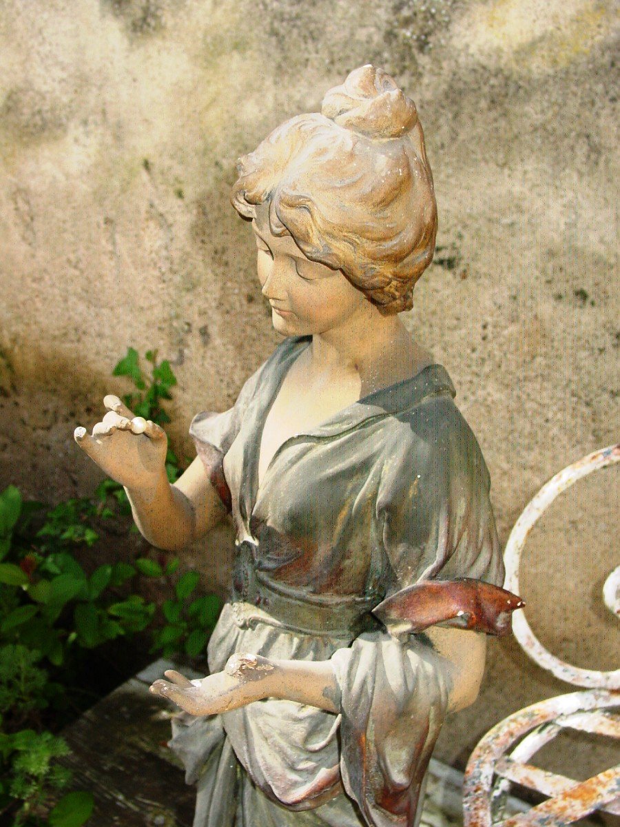 Large Polychrome Plaster Statue "woman With The Pearl" Jewelry Sign?-photo-4