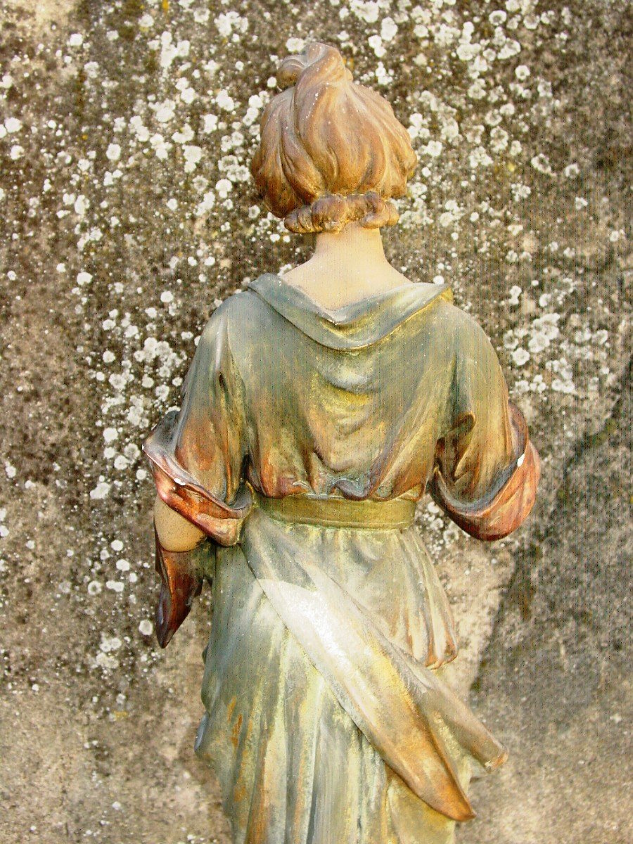 Large Polychrome Plaster Statue "woman With The Pearl" Jewelry Sign?-photo-2
