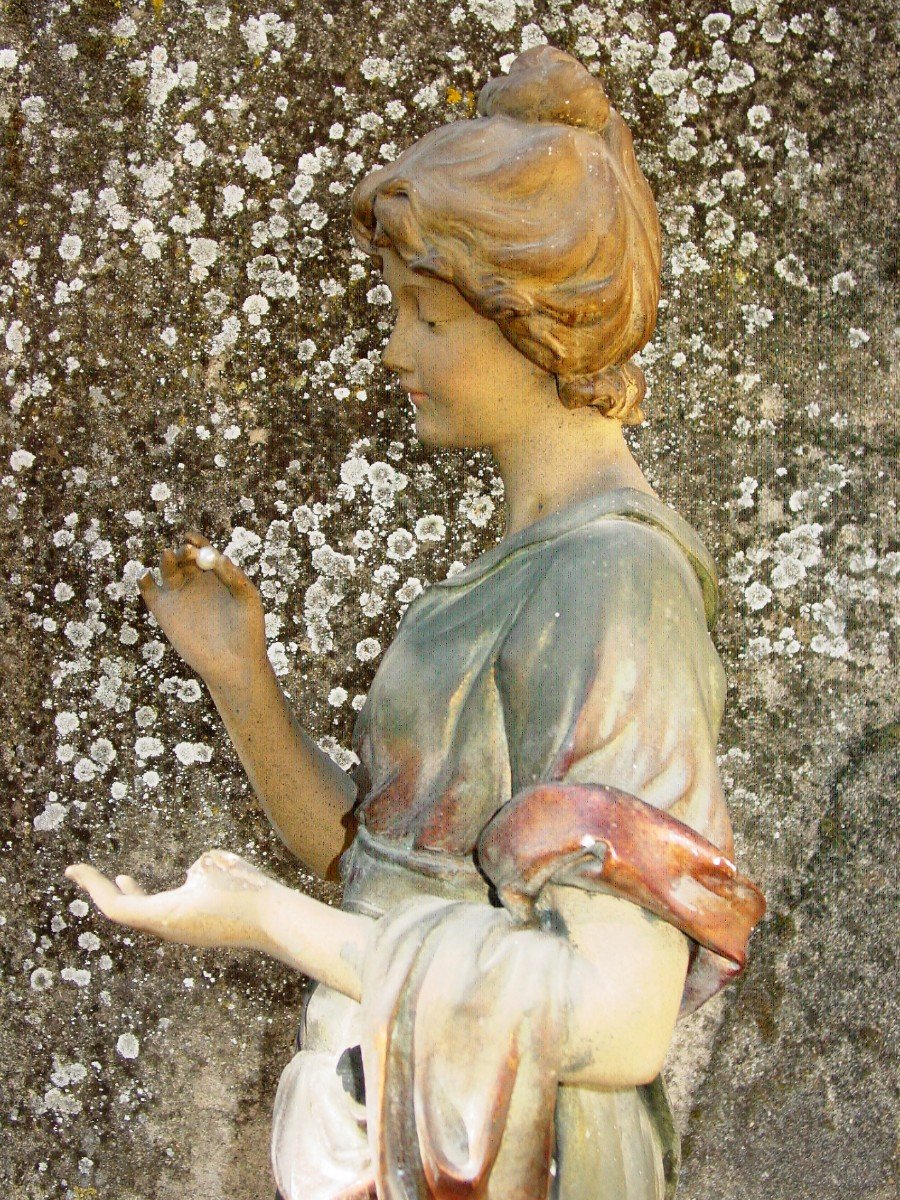 Large Polychrome Plaster Statue "woman With The Pearl" Jewelry Sign?-photo-8