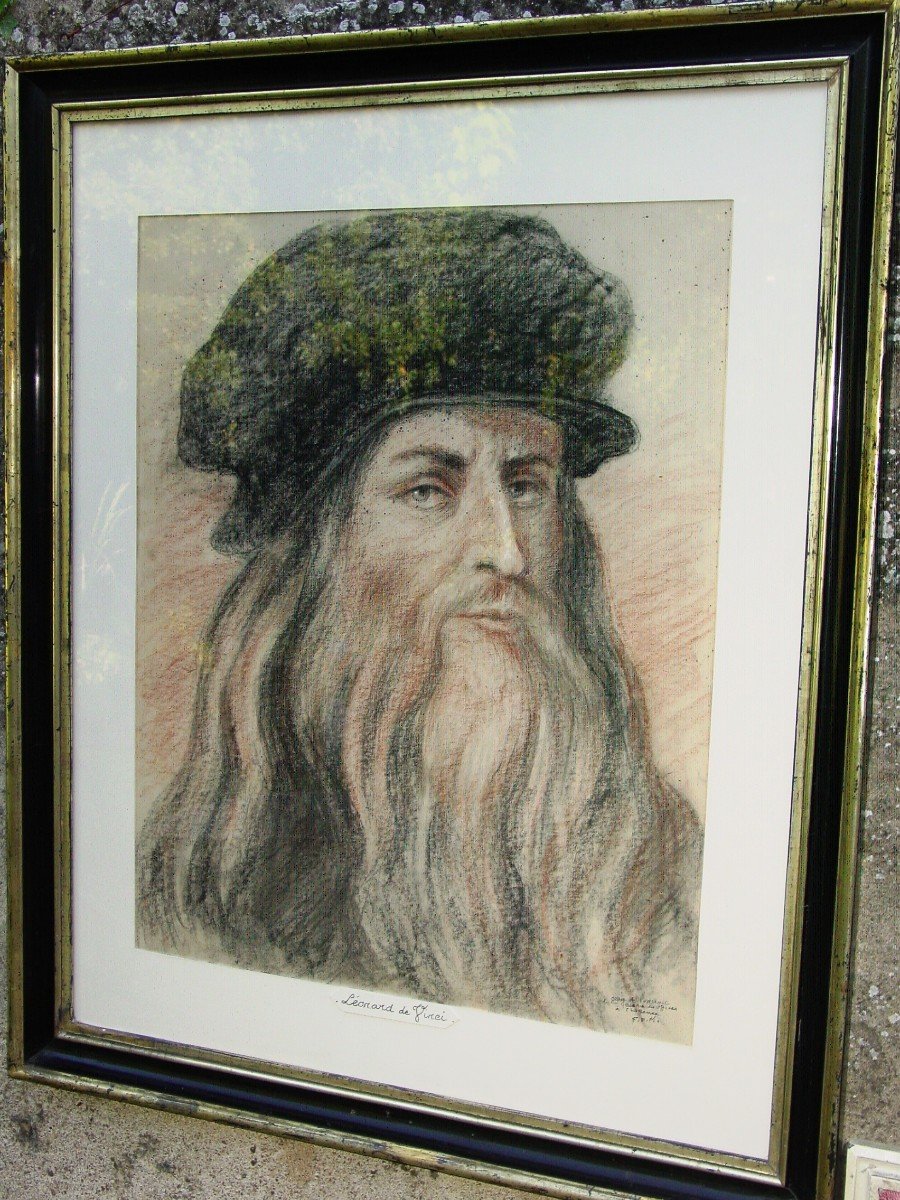 Grand Dessin Portrait De Léonard De Vinci d'Aprés l'Auto-portrait De Florence -photo-2