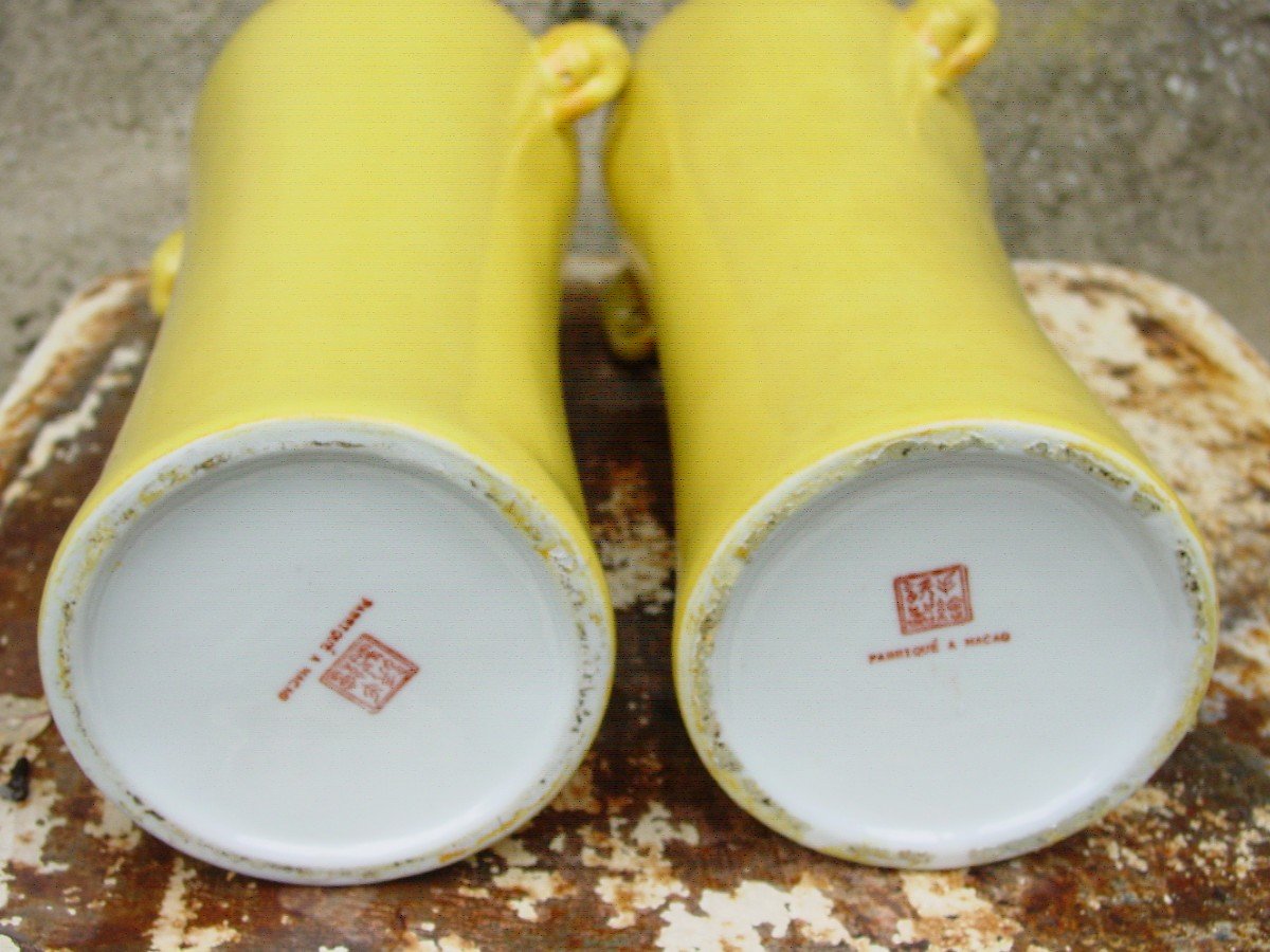 Pair Large Monochrome Yellow Porcelain Vases China 1960 Macau-photo-1