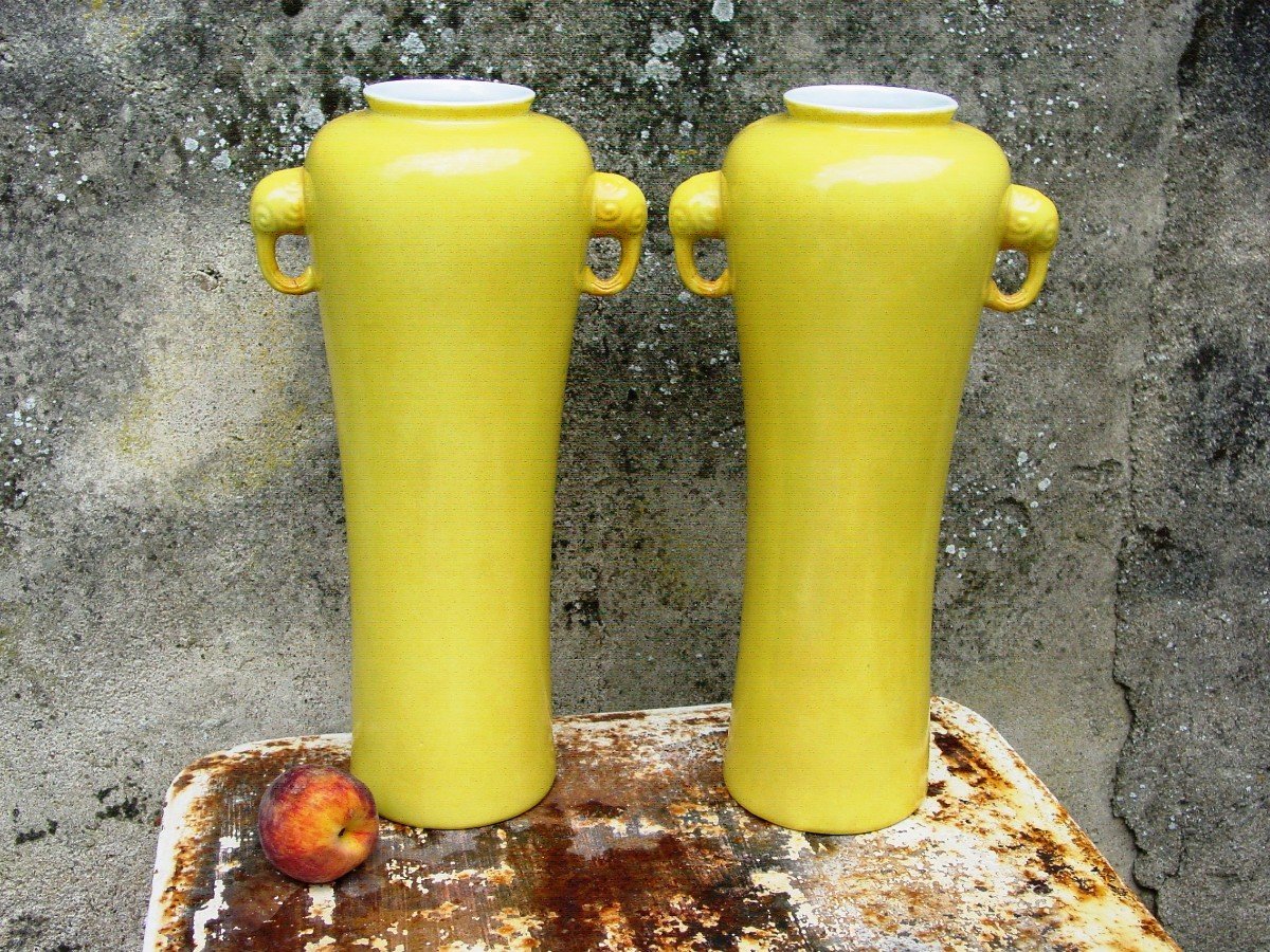 Paire Grands Vases Monochrome Jaune Porcelaine Chine 1960 Macao