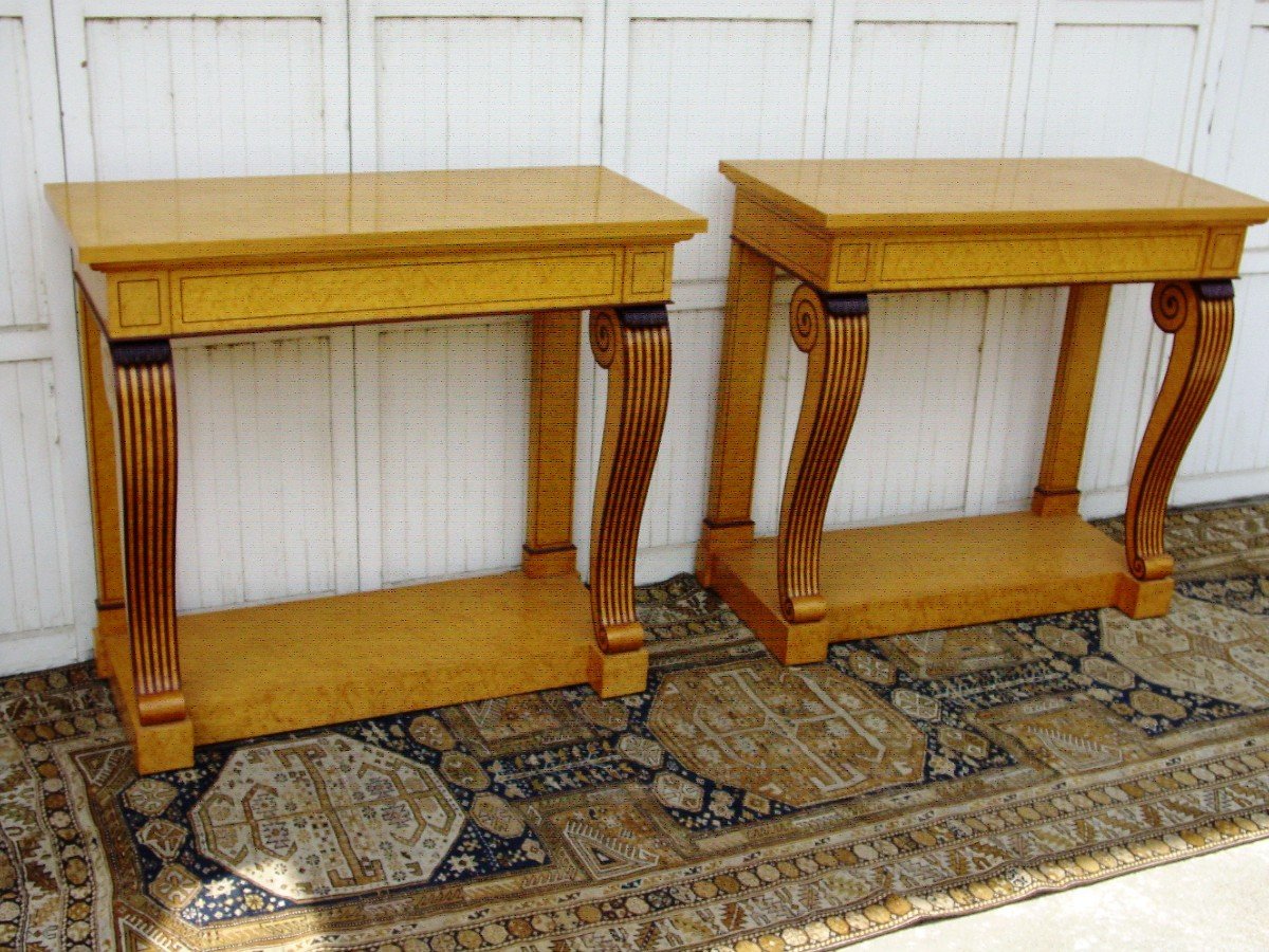 Pair Charles X Style Consoles In Speckled Maple Circa 19602-70 Stamped: M. Bart-photo-2