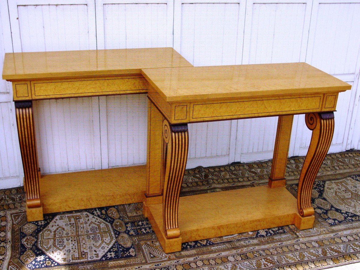 Pair Charles X Style Consoles In Speckled Maple Circa 19602-70 Stamped: M. Bart-photo-3