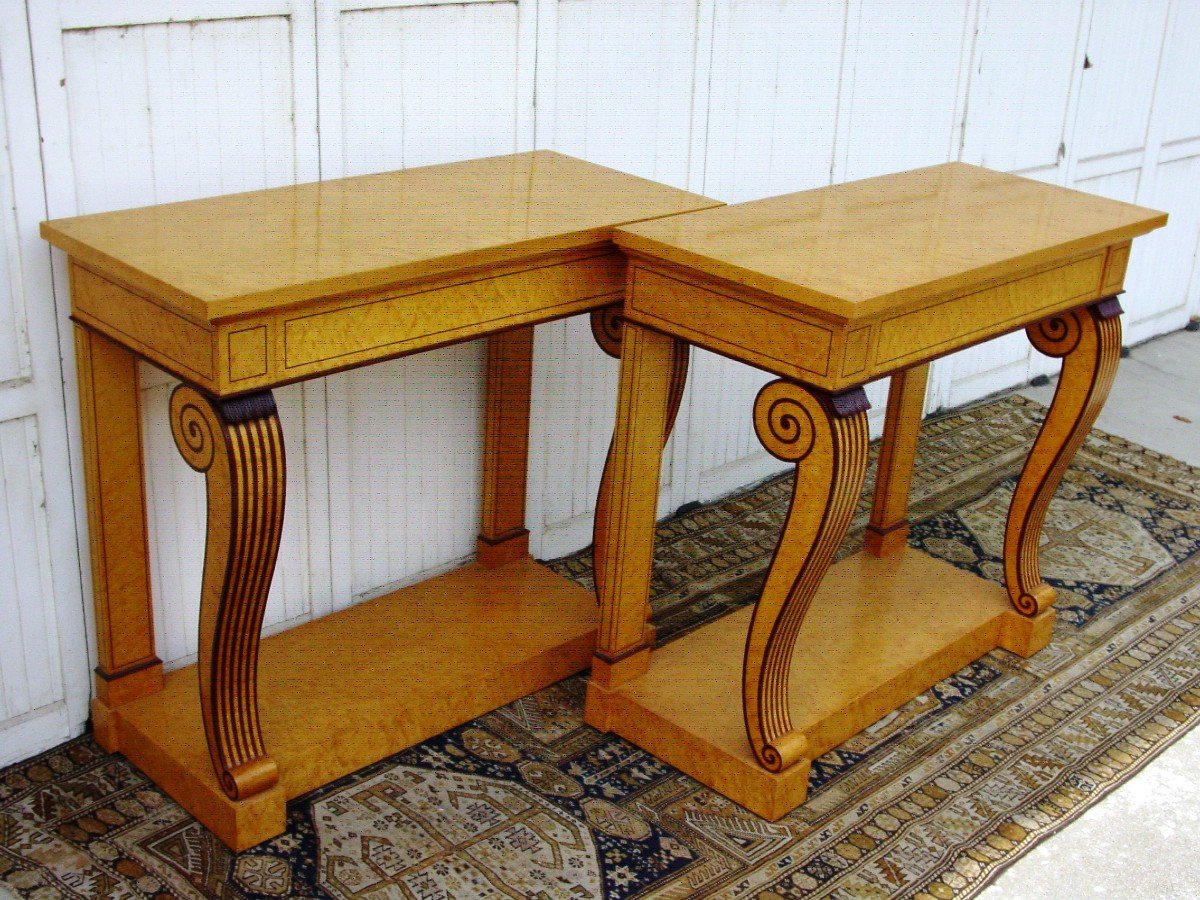 Pair Charles X Style Consoles In Speckled Maple Circa 19602-70 Stamped: M. Bart-photo-4