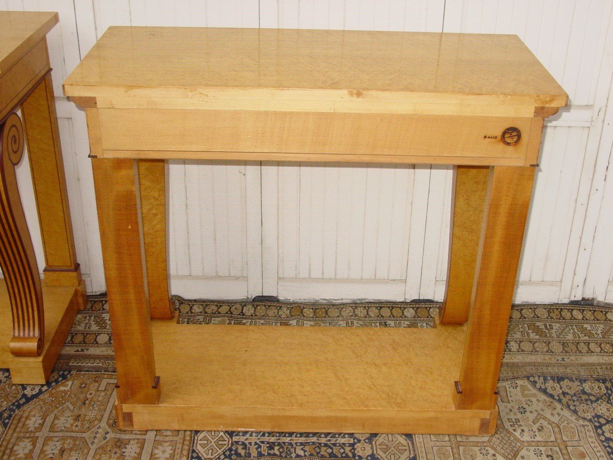 Pair Charles X Style Consoles In Speckled Maple Circa 19602-70 Stamped: M. Bart-photo-6