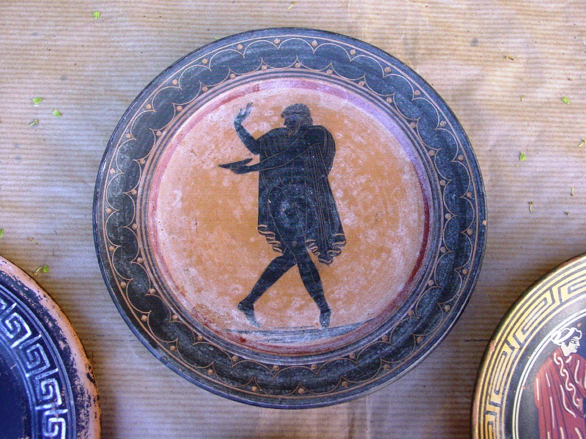 Set Of Five Glazed Earthenware Cups In Neo-greek Pompeian, Etruscan Style....-photo-2