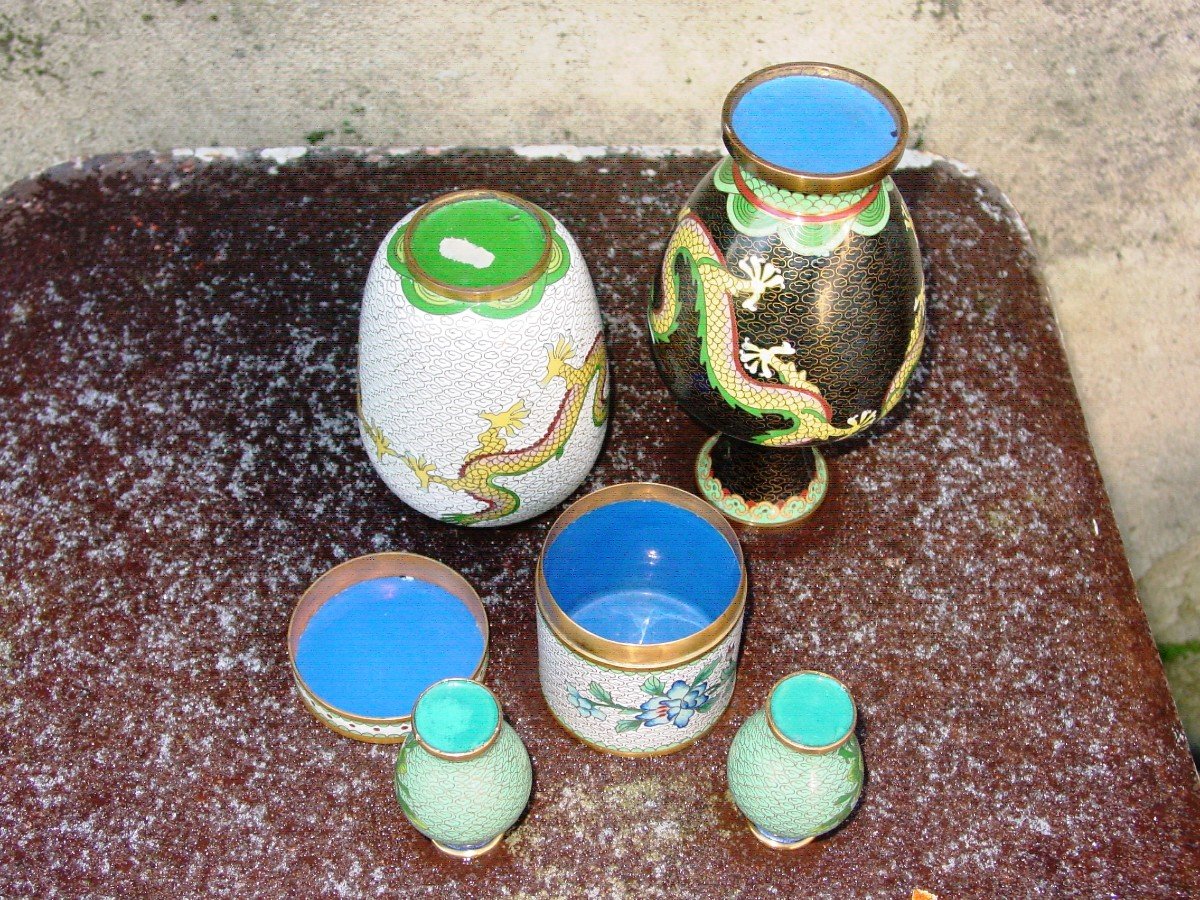 Set Of 5 Cloisonné Enamels From China Circa 1960 Tbétat-photo-3