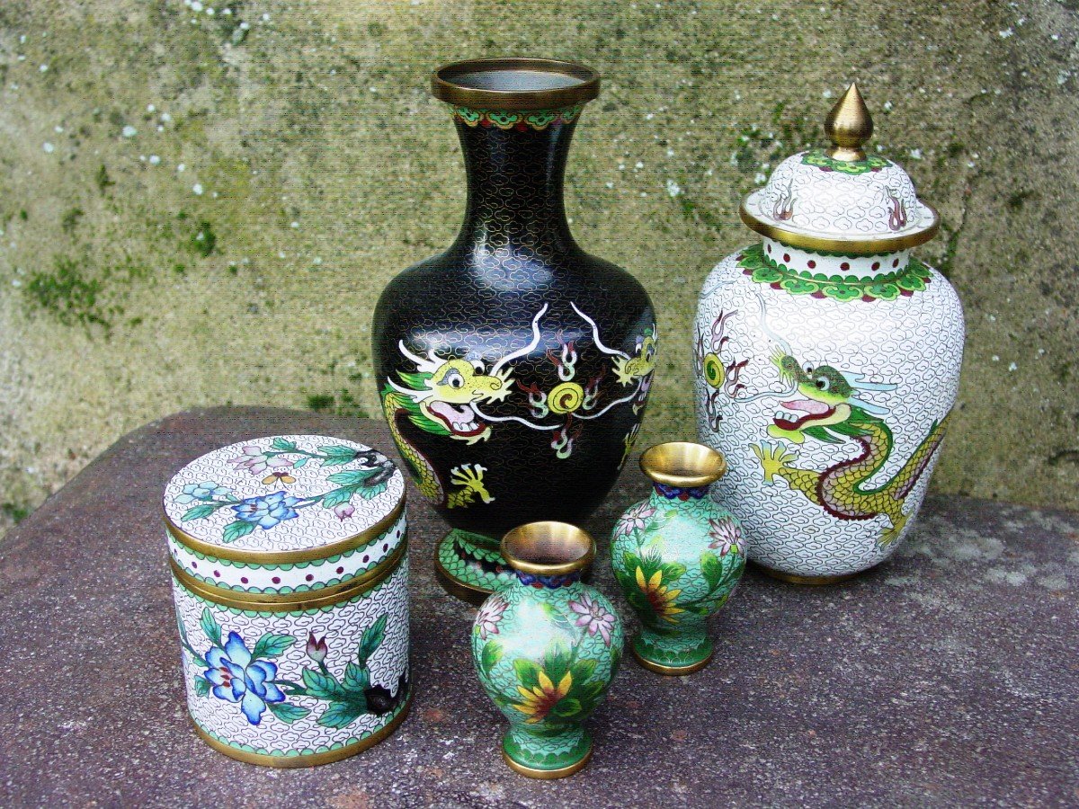 Set Of 5 Cloisonné Enamels From China Circa 1960 Tbétat-photo-4