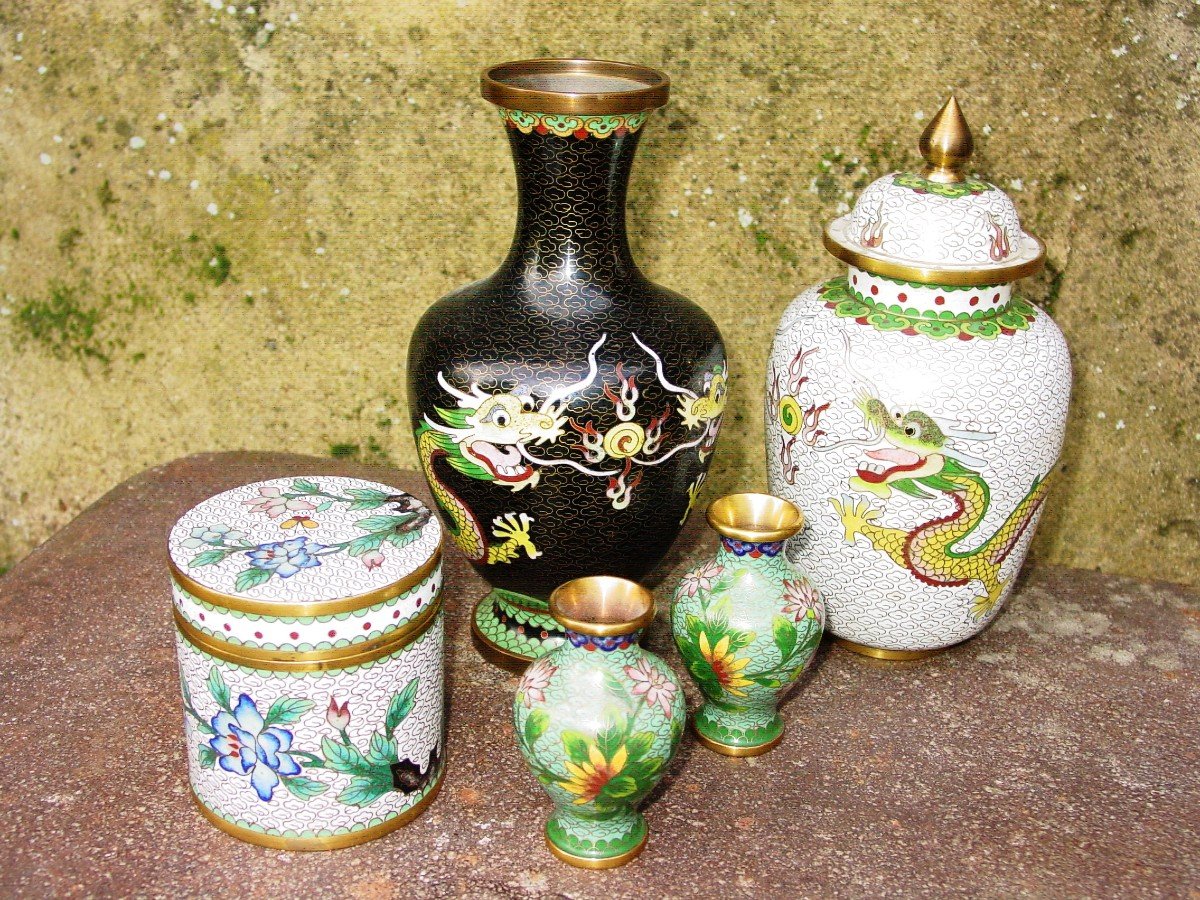 Set Of 5 Cloisonné Enamels From China Circa 1960 Tbétat