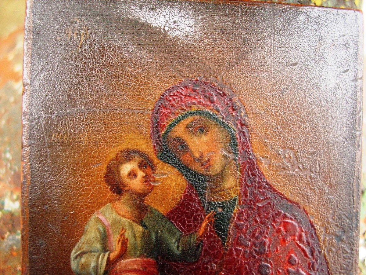 "vierge à l'Enfant Aux 3 Mains"huile Sur Panneau Type Icone Grec Ou Russe Du 19ème-photo-3