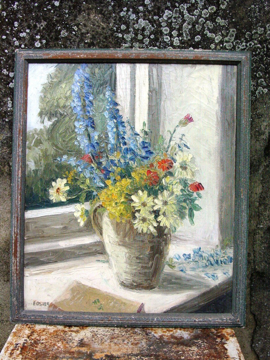 Oil On Cardboard Signed "foster" Bouquet Of Country Flowers