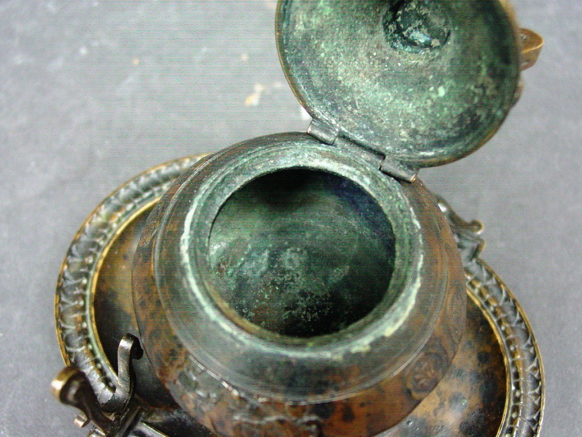 Antique Neo-pompeian Bronze Inkwell Grand Tour From The 19th Barbedienne-photo-1