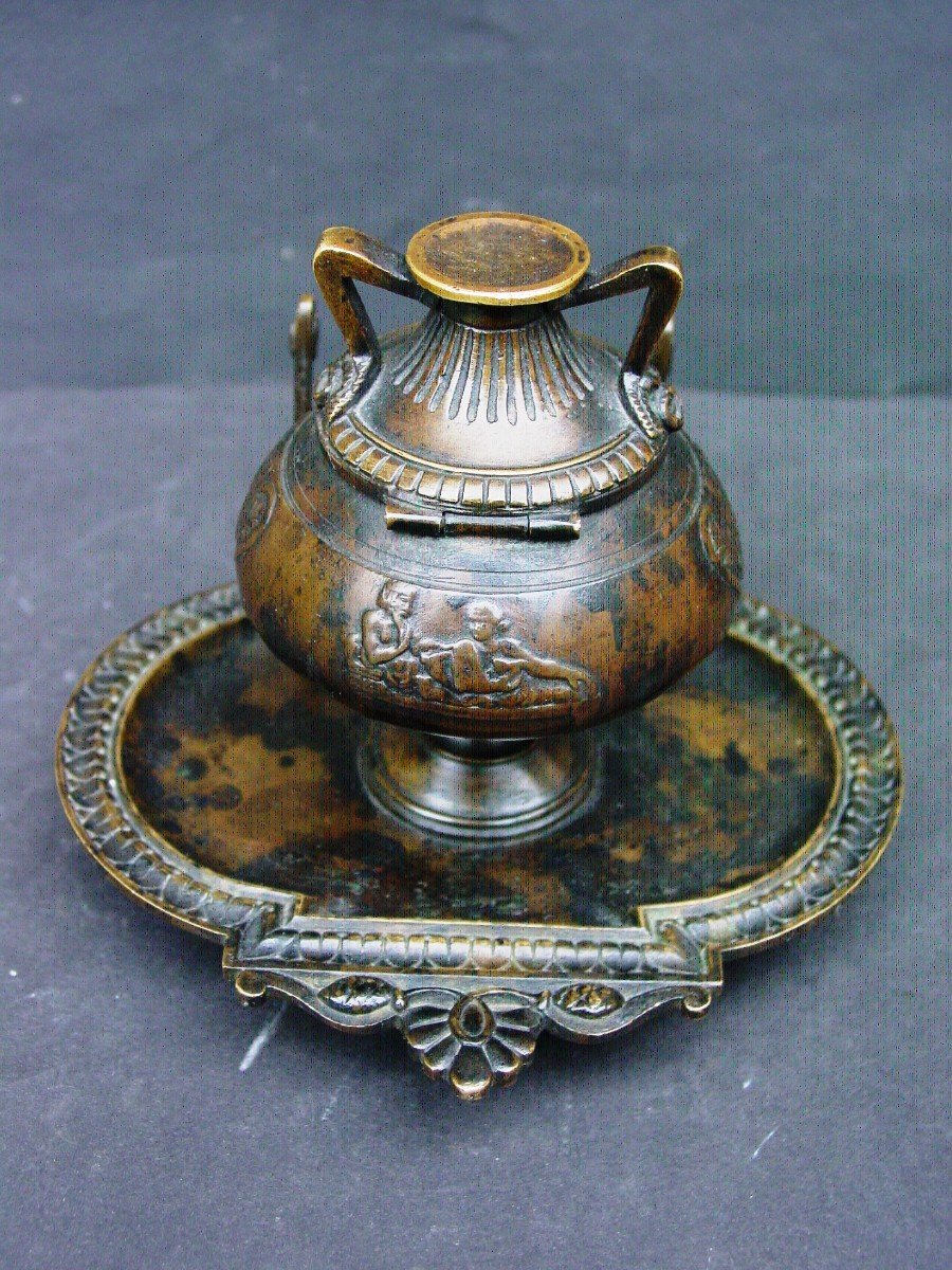 Antique Neo-pompeian Bronze Inkwell Grand Tour From The 19th Barbedienne-photo-3