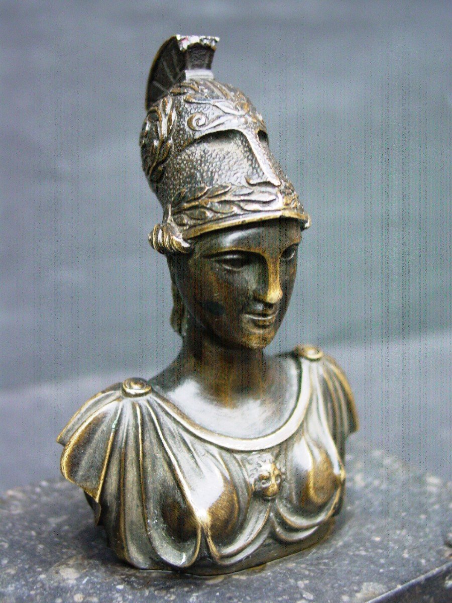 Petit Buste d' Athéna en Bronze D’après l'Antique Servant De Presse-papiers Grand Tour Du 19ème-photo-2