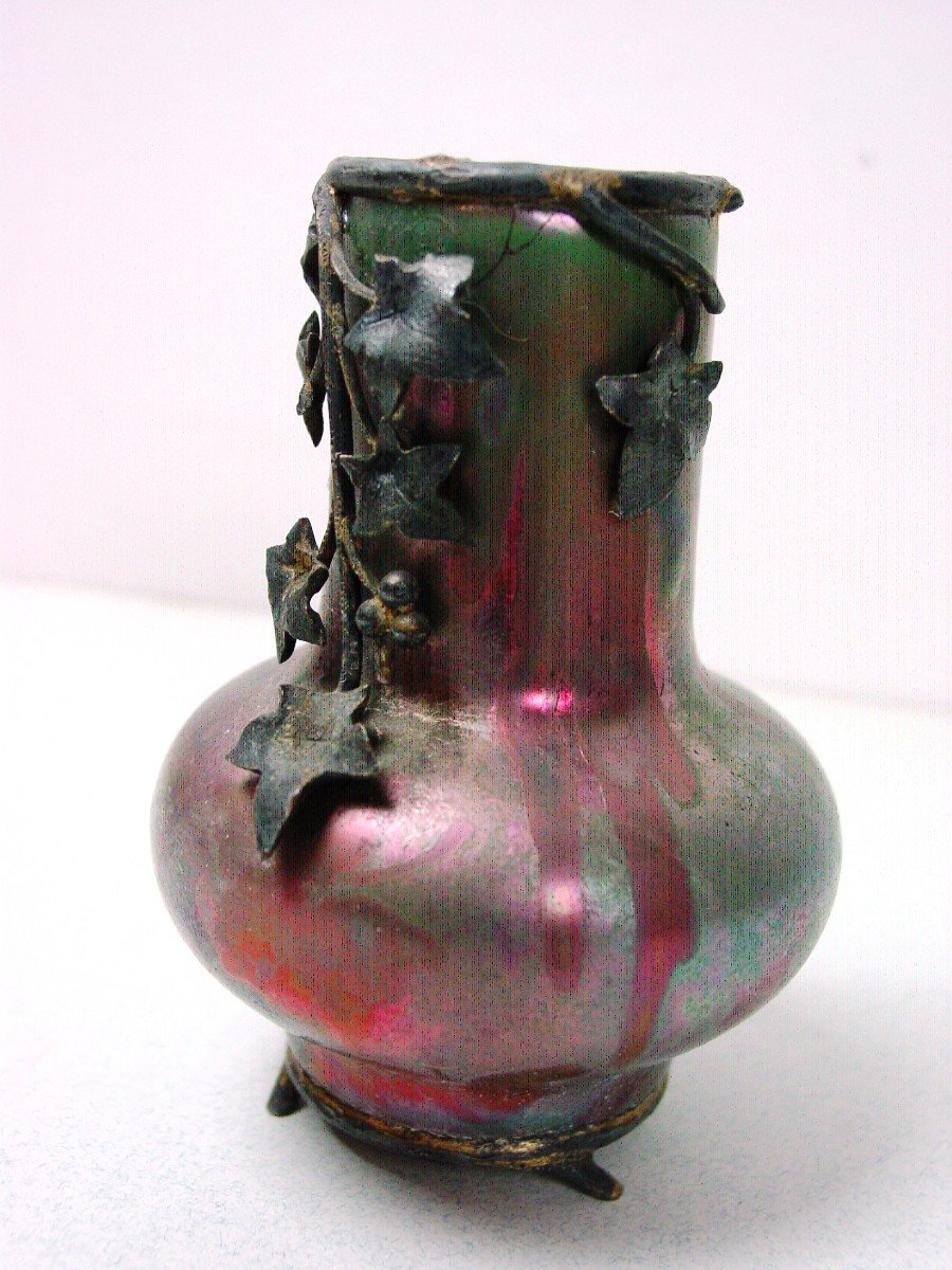 Clément Massier: Iridescent Miniature Vase Mounted Silver-photo-7