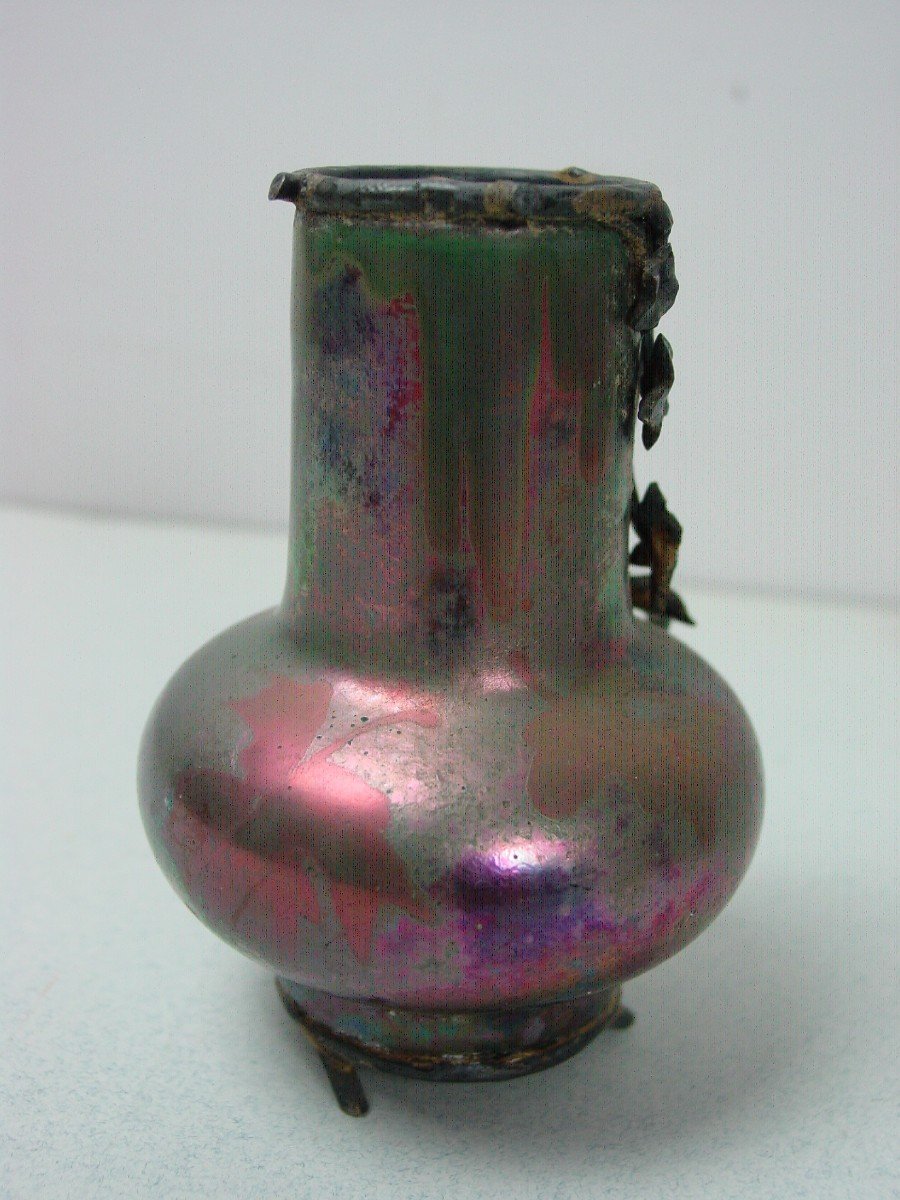 Clément Massier: Iridescent Miniature Vase Mounted Silver-photo-8