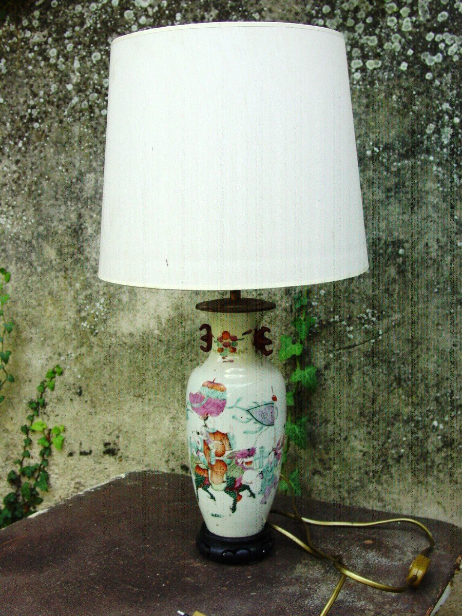 Famille Rose Vase, Mounted In Lamp China Qing Period -photo-2