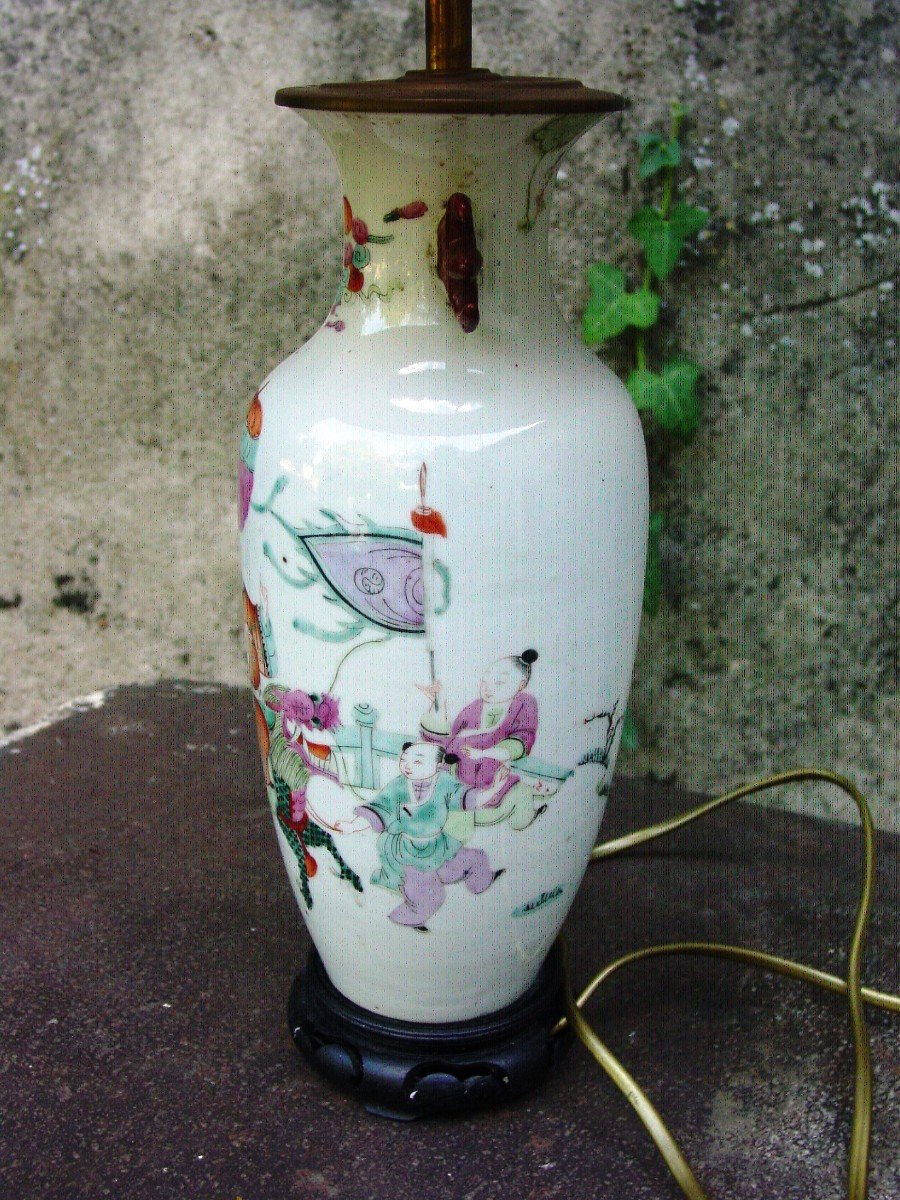 Famille Rose Vase, Mounted In Lamp China Qing Period -photo-3