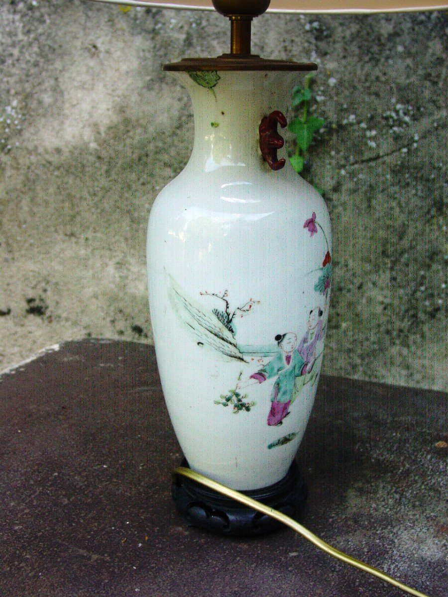 Famille Rose Vase, Mounted In Lamp China Qing Period -photo-4