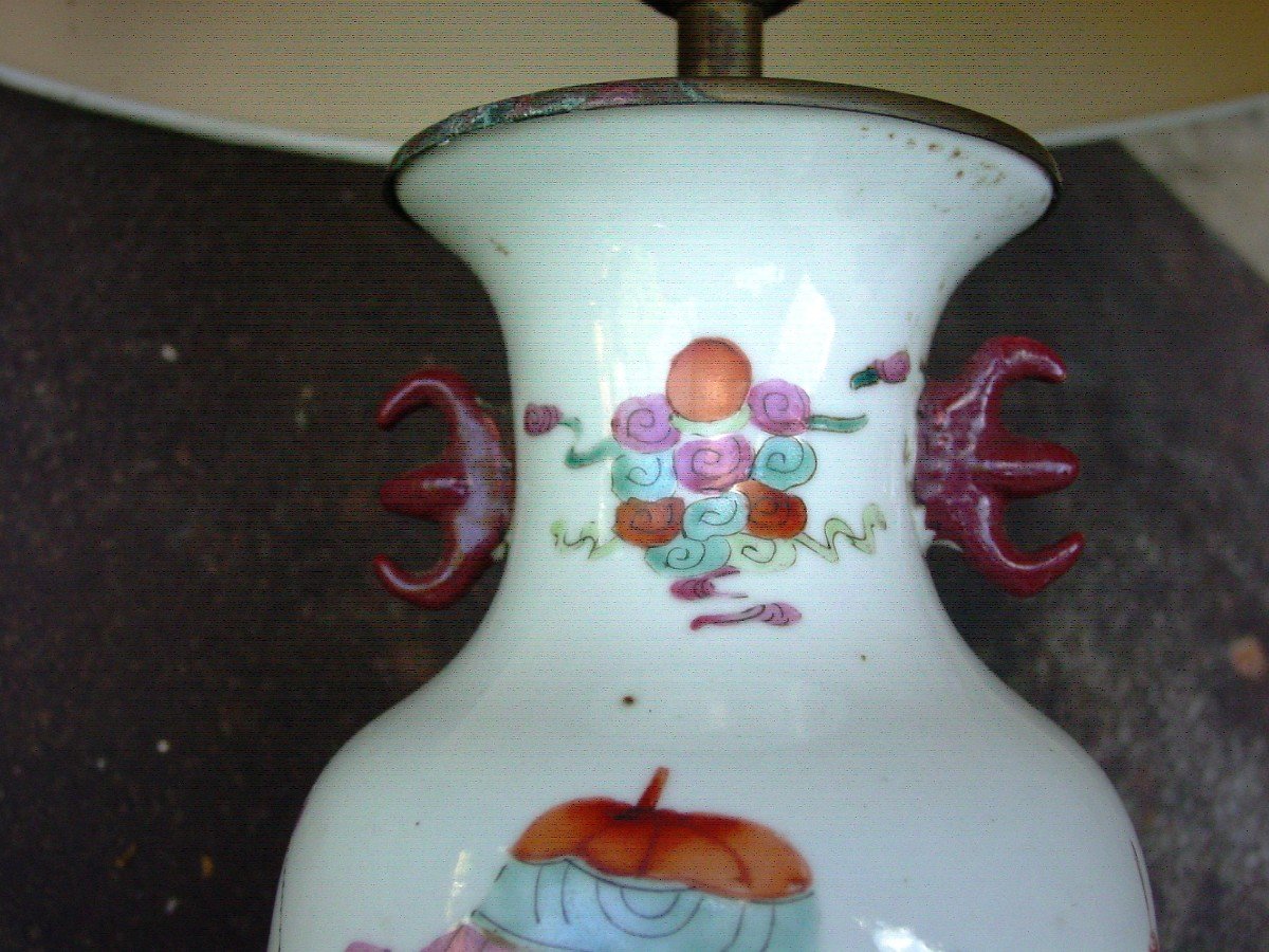 Famille Rose Vase, Mounted In Lamp China Qing Period -photo-4