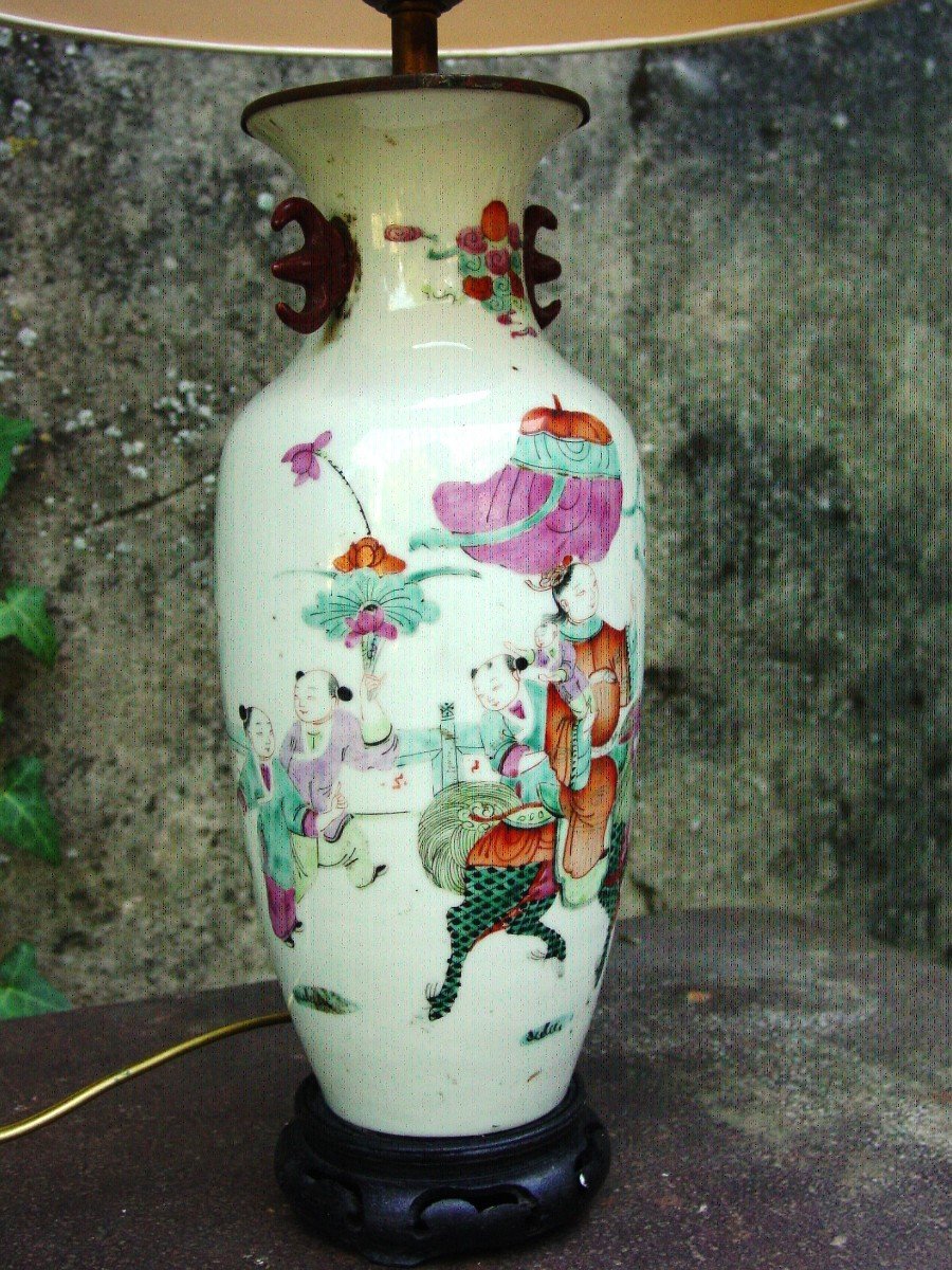 Vase Famille Rose, Monté En Lampe Chine époque Qing -photo-8