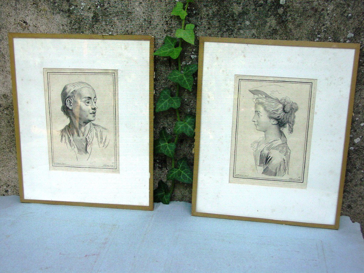 2 Portraits After Watteau Engraved By Filloeul From The 18th Century.