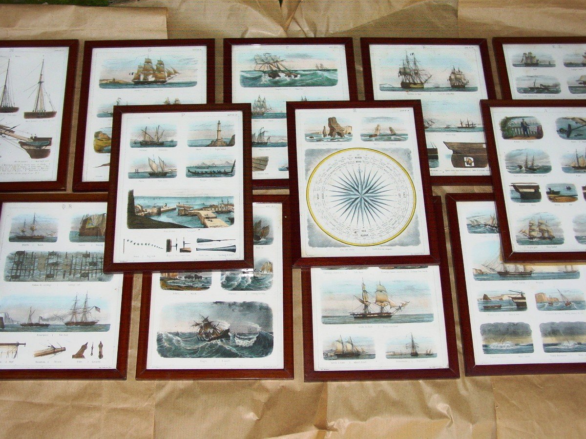 Suite De 13 Planches Lithographiées Sur La Marine à Voile Vers 1900