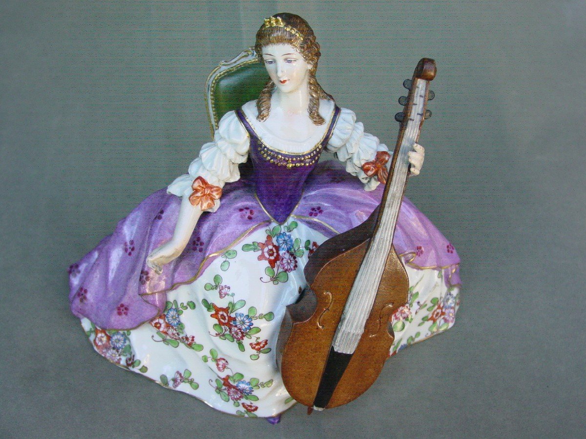 A. Muller Volkstedt Dresden Porcelain Woman With Cello Circa 1920 Figurine