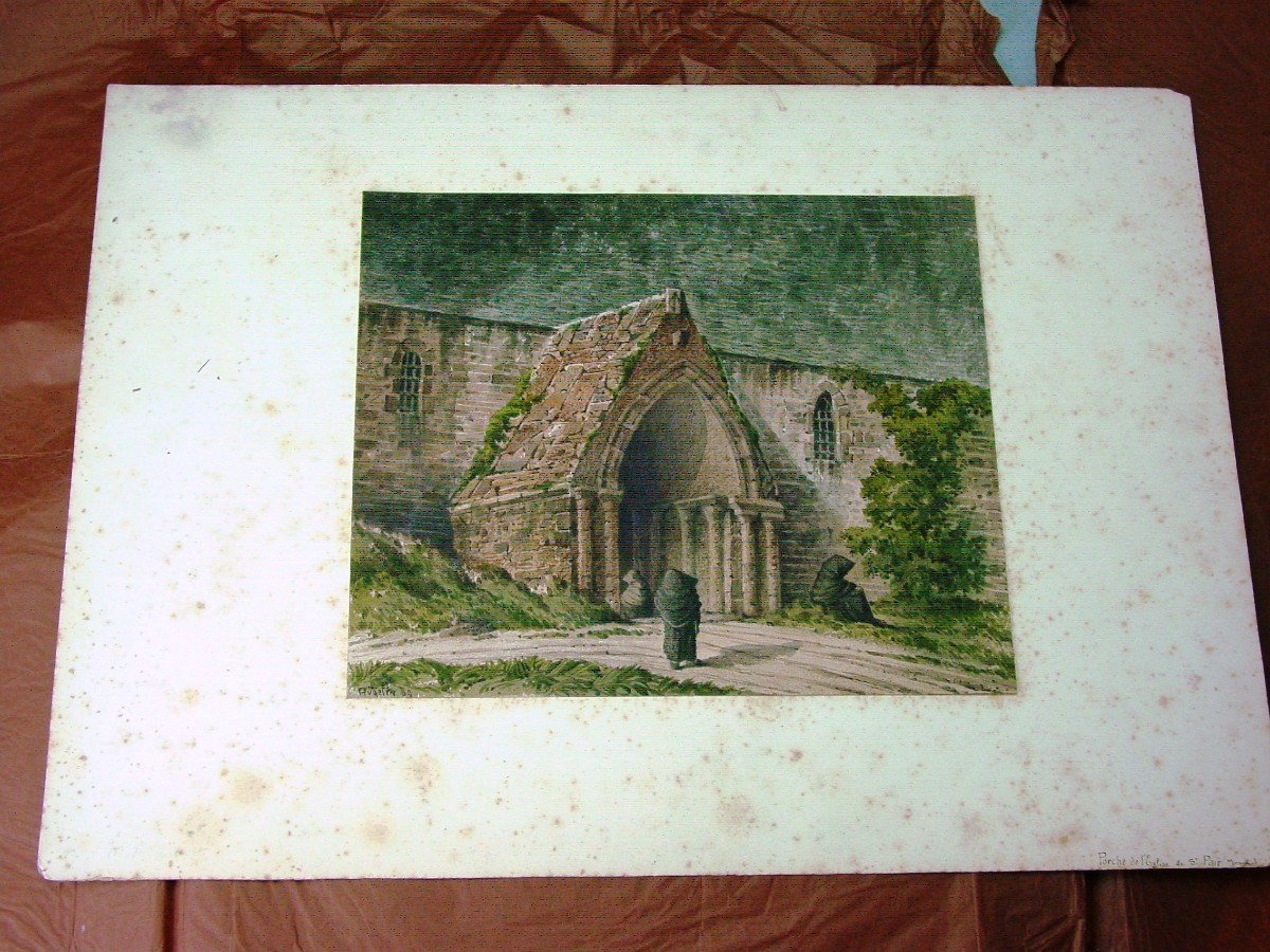 Porche De l'église De Saint-pair Sur Mer - Aquarelle Gouachée Signée Hügelin 69-photo-2