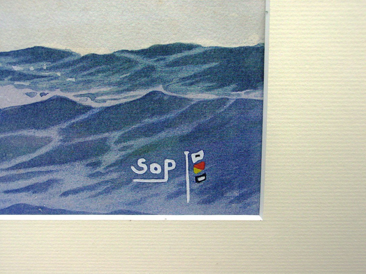 Grande Aquarelle Grand Voilier Bien Encadré Signé "sop" Marine-photo-2