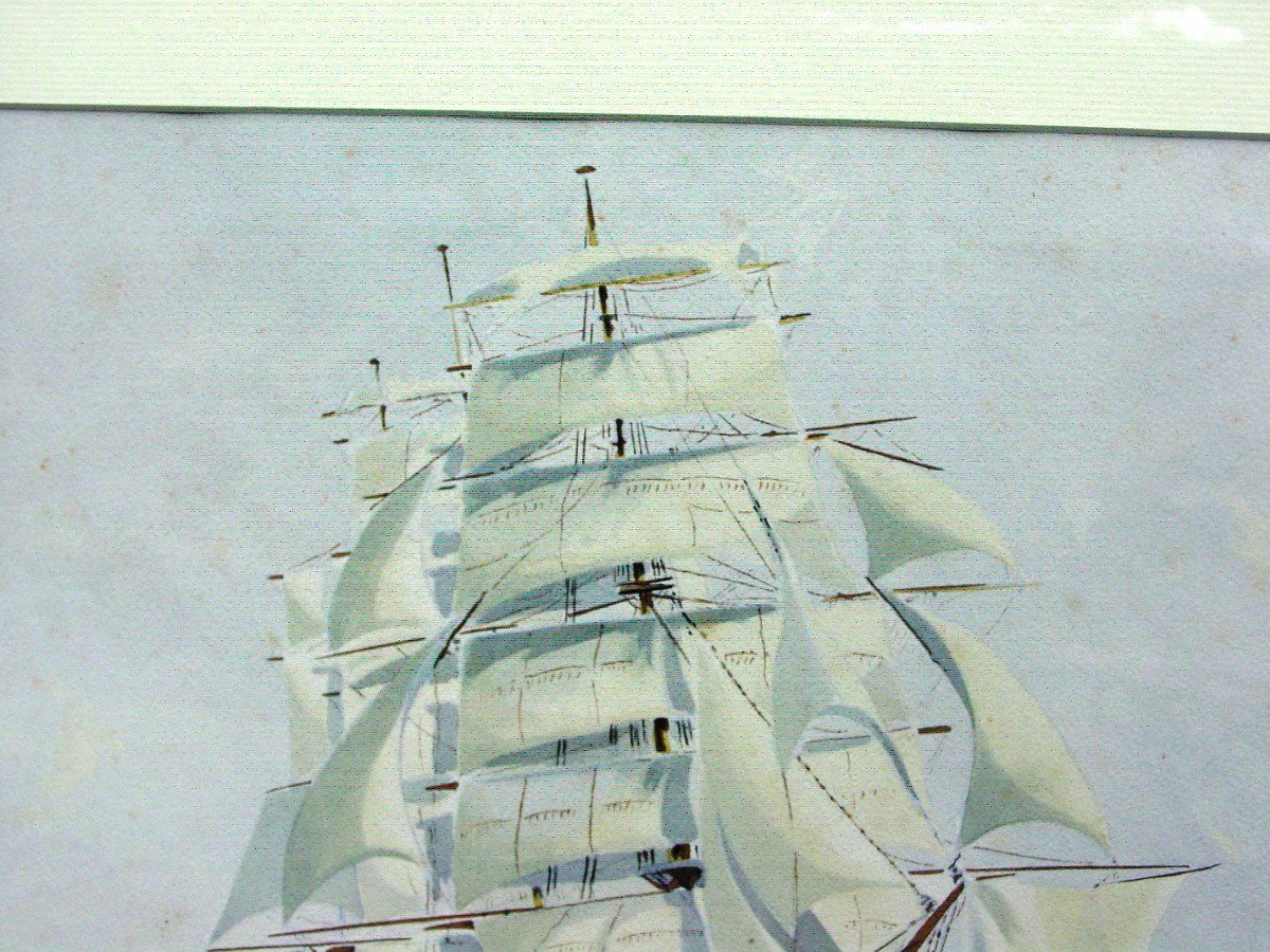 Large Watercolor Large Sailing Ship Well Framed Signed "sop" Marine-photo-3