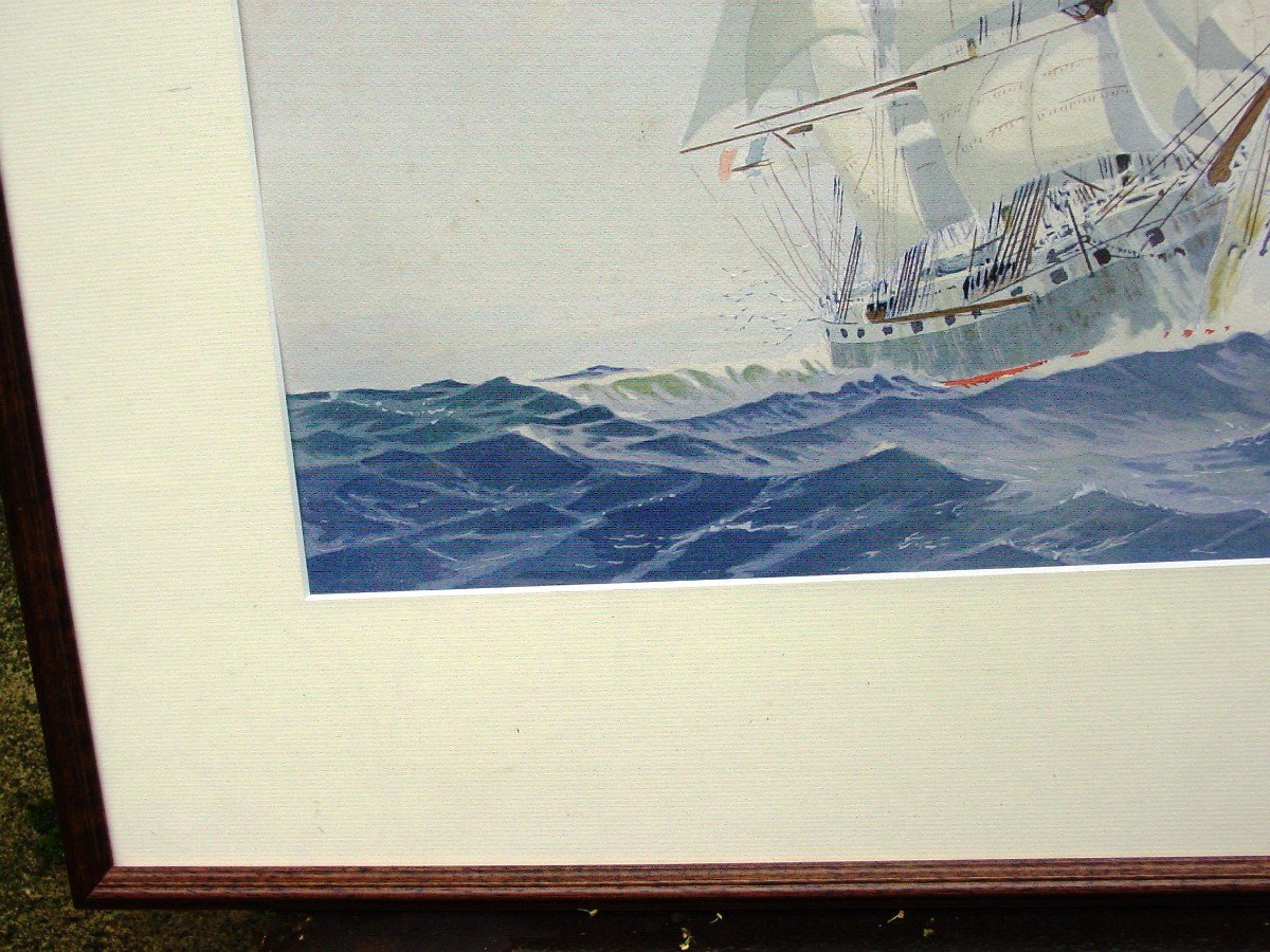 Large Watercolor Large Sailing Ship Well Framed Signed "sop" Marine-photo-3