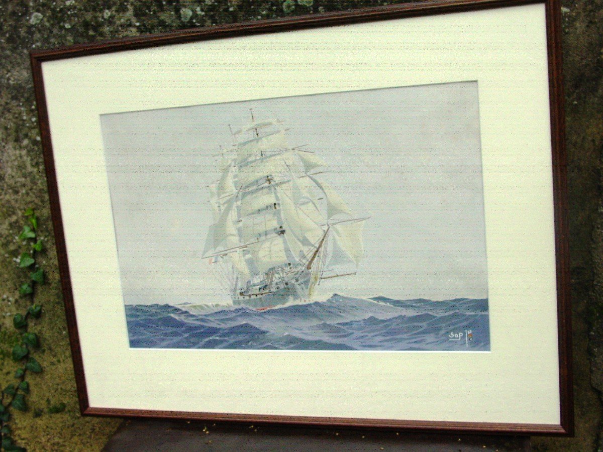 Large Watercolor Large Sailing Ship Well Framed Signed "sop" Marine