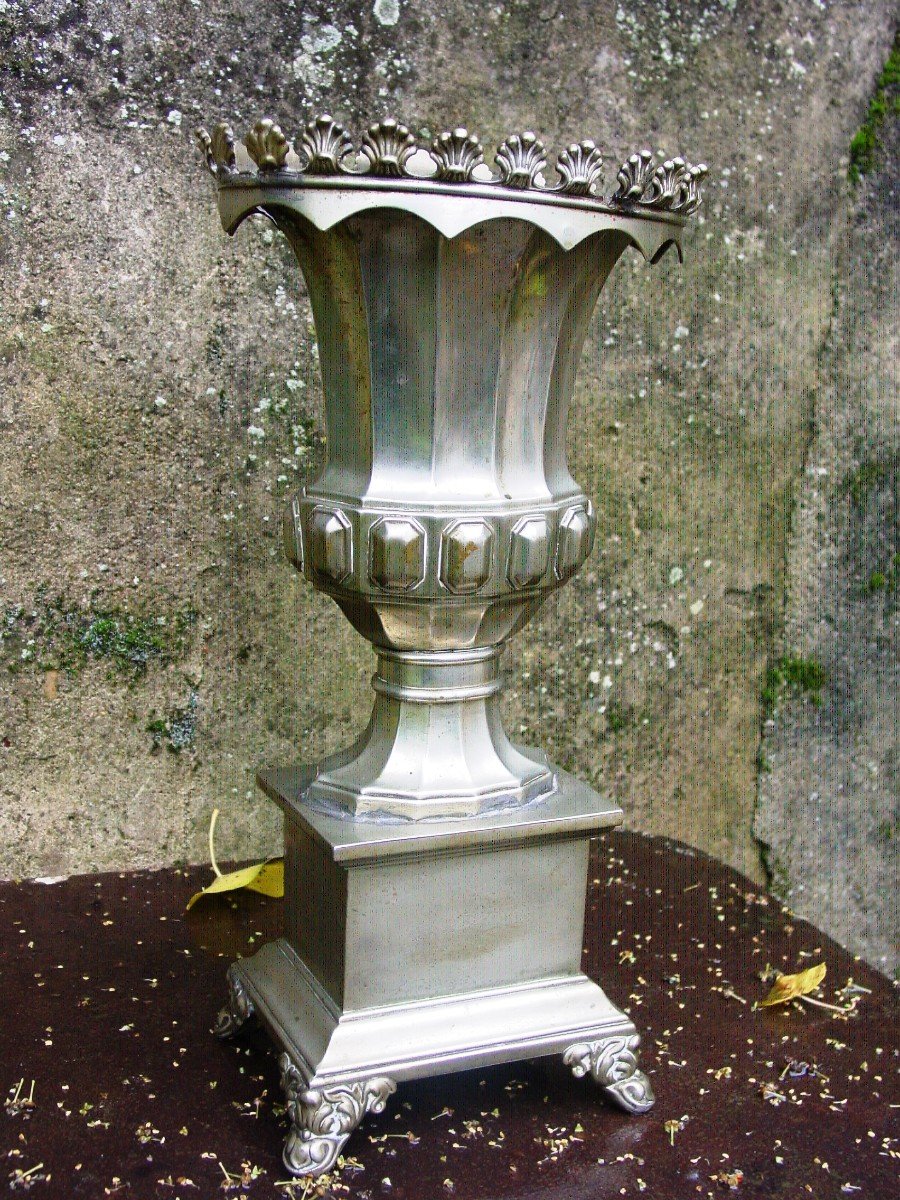 Vase Médicis  En Métal Blanc 1880 -tronc De Comptoir De Bistrot Bar-photo-2