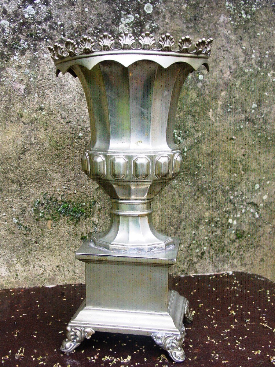 Vase Médicis  En Métal Blanc 1880 -tronc De Comptoir De Bistrot Bar-photo-6