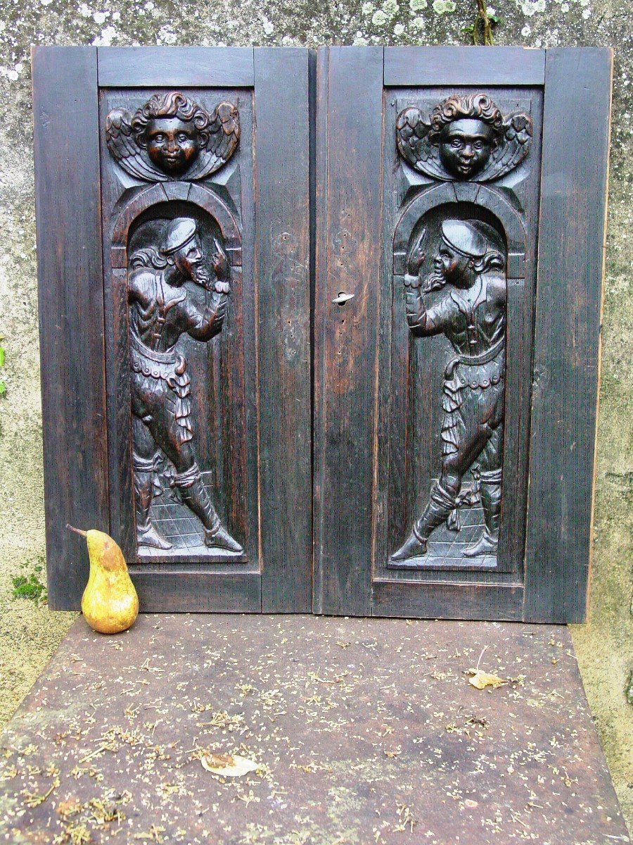 Pair Of 17th Century Door-mounted Panels Circa 1900 Angels & Landsknechts-photo-4