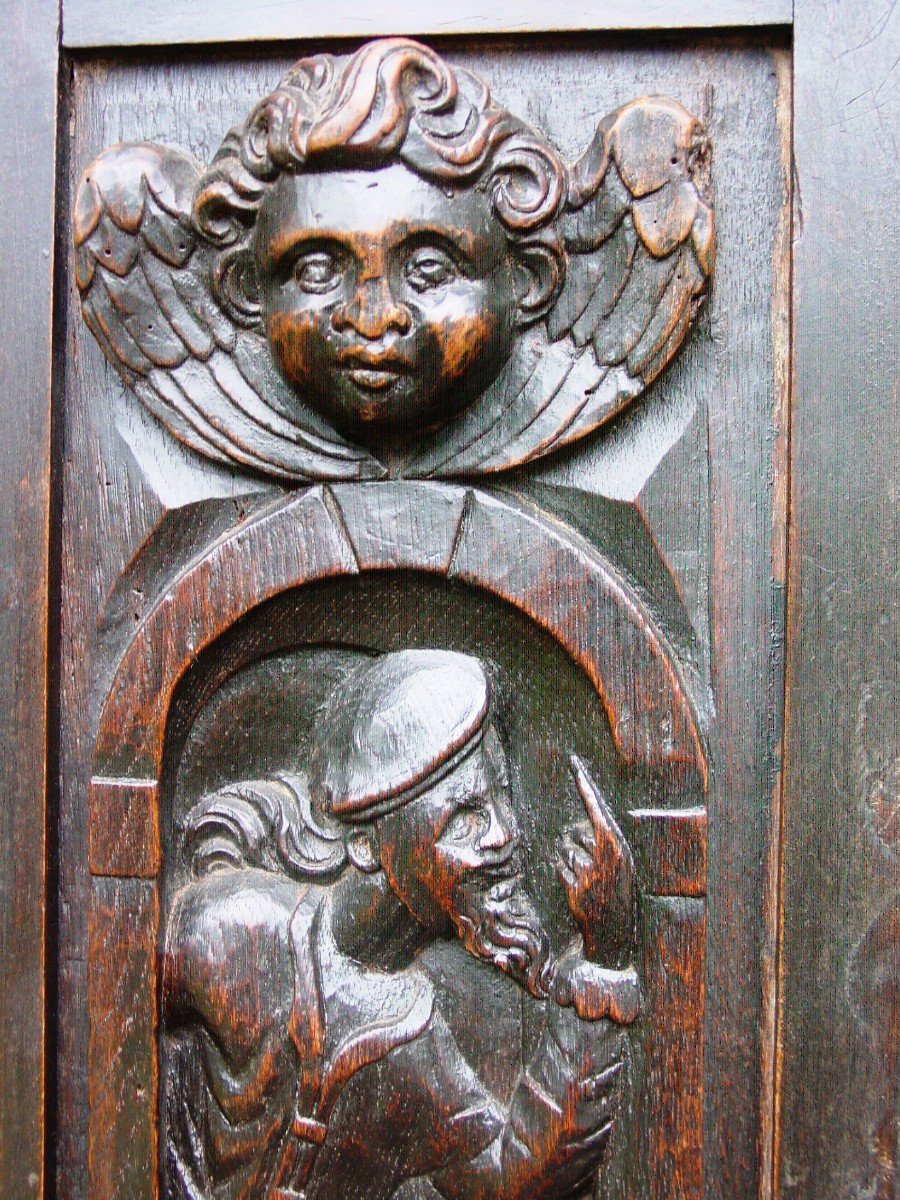 Pair Of 17th Century Door-mounted Panels Circa 1900 Angels & Landsknechts-photo-1