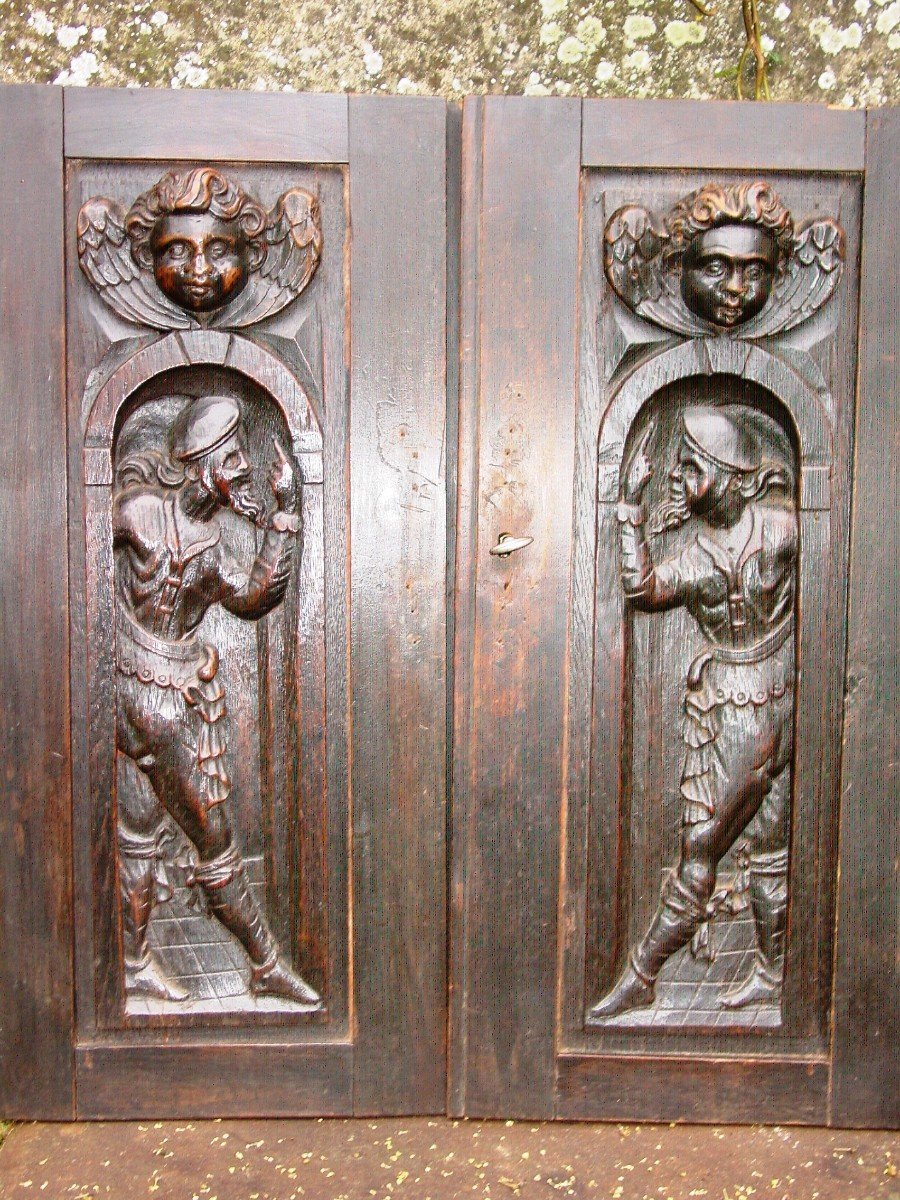 Pair Of 17th Century Door-mounted Panels Circa 1900 Angels & Landsknechts