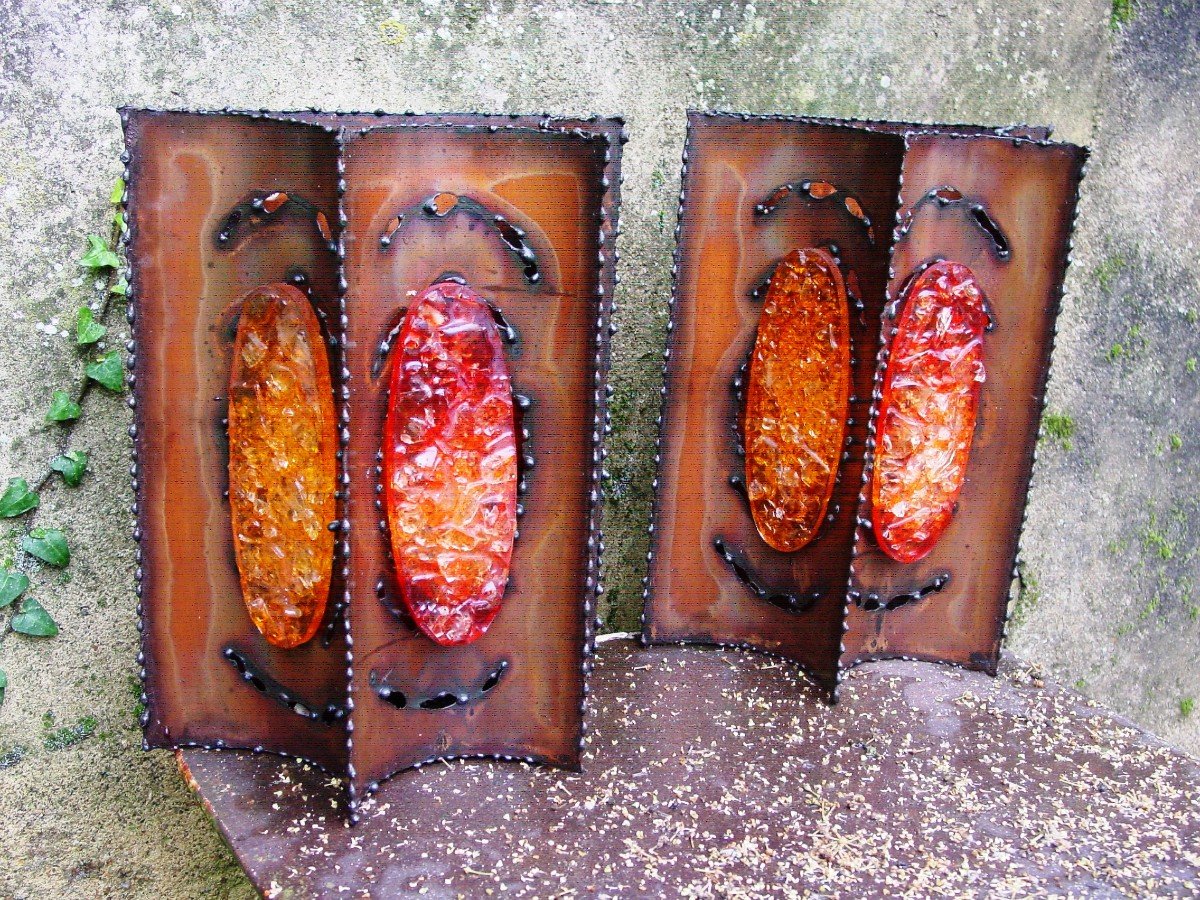 Pair Of Accolay Copper & Resin Wall Lights Circa 1975-photo-2