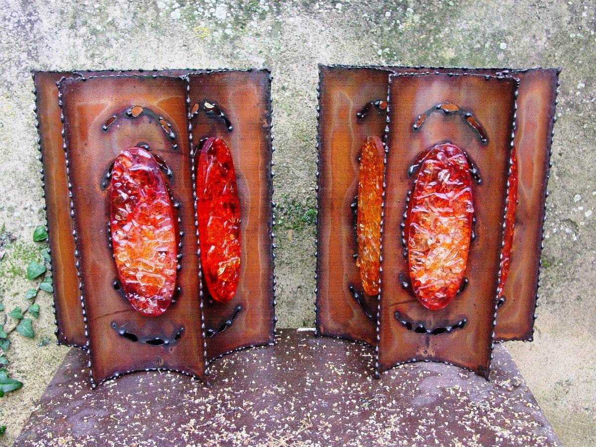 Pair Of Accolay Copper & Resin Wall Lights Circa 1975-photo-3