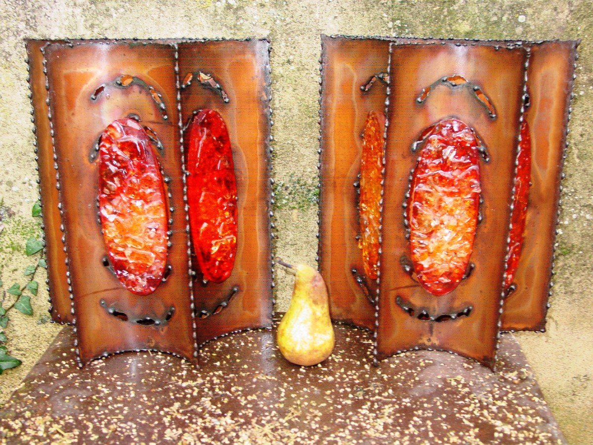 Pair Of Accolay Copper & Resin Wall Lights Circa 1975-photo-2