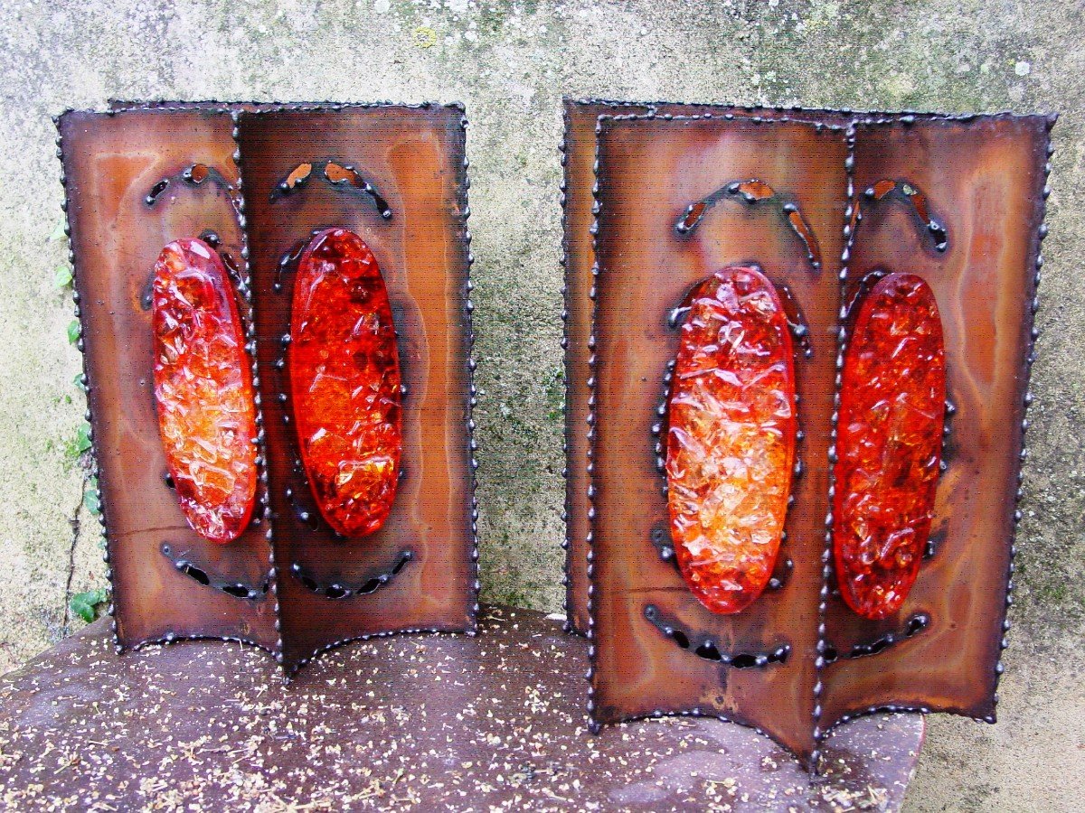 Pair Of Accolay Copper & Resin Wall Lights Circa 1975