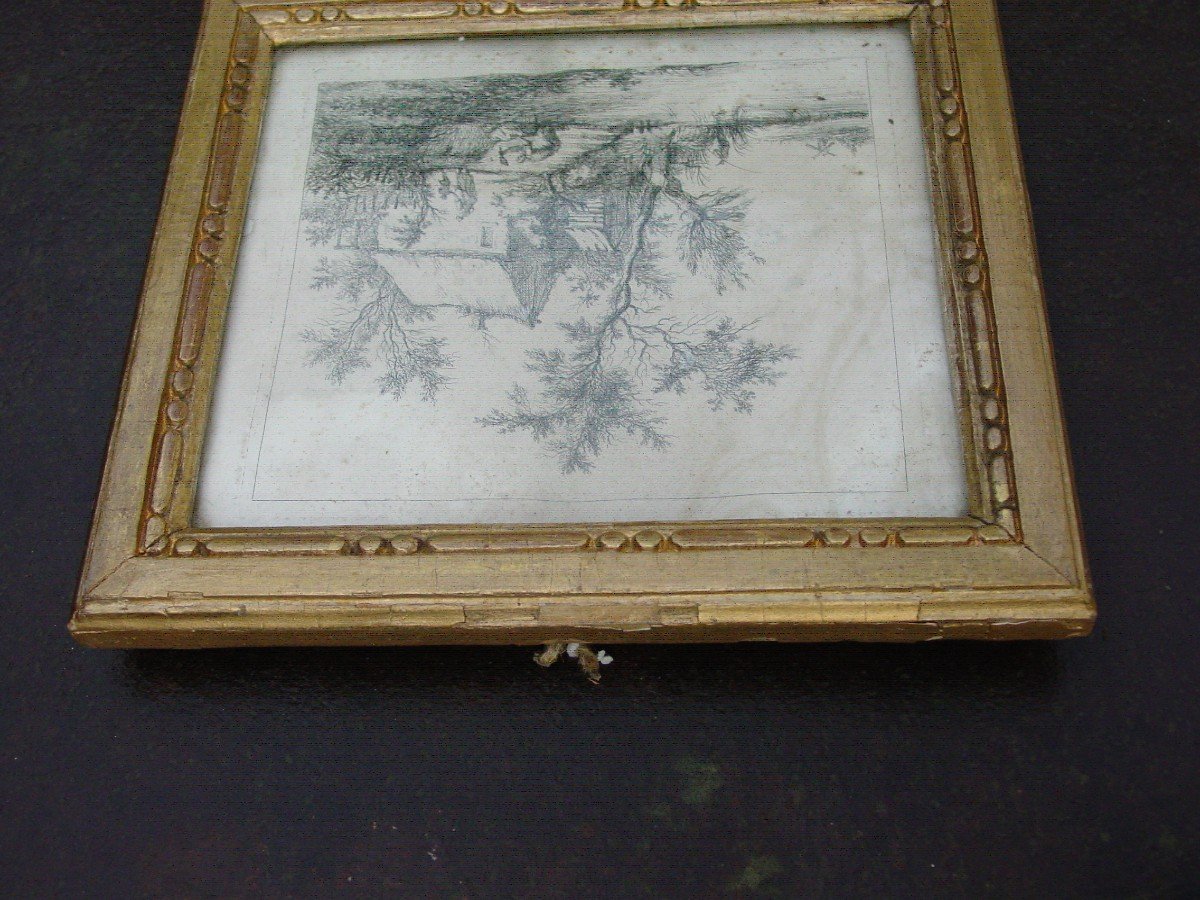 Pair (21 X 19 Cm.) Of Small Frames 1800-30 With Romantic Landscape Engravings-photo-4