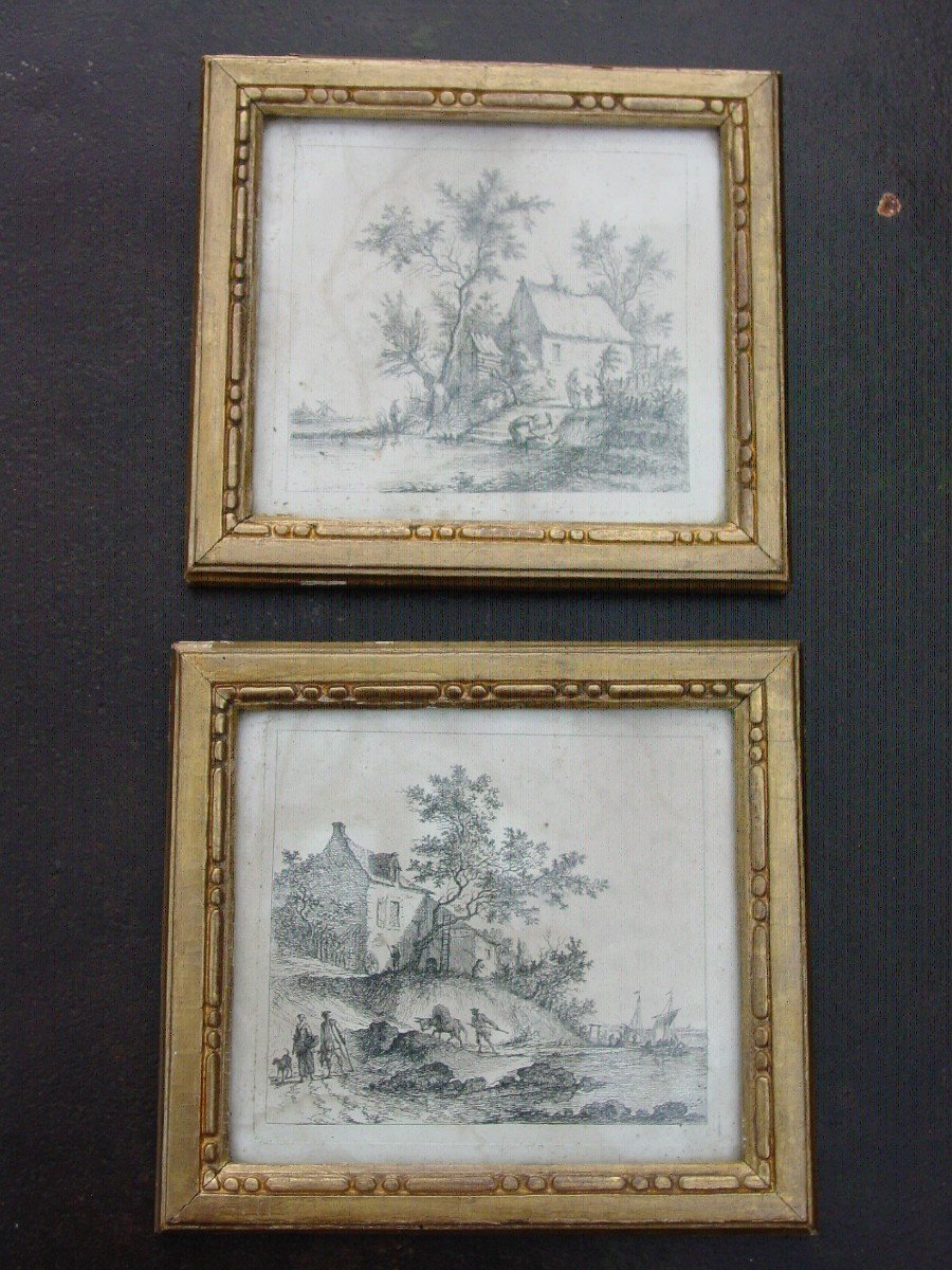 Pair (21 X 19 Cm.) Of Small Frames 1800-30 With Romantic Landscape Engravings