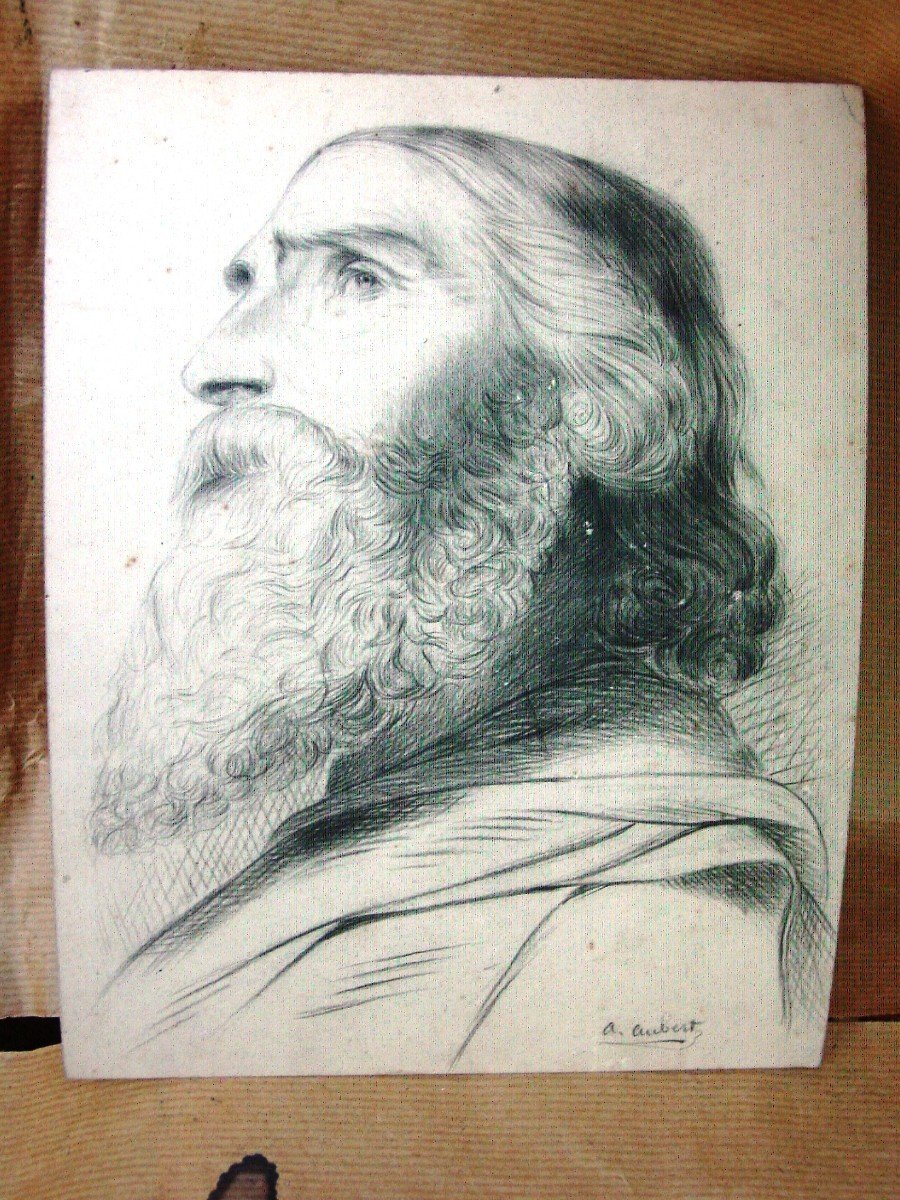 19th Century Drawing Old Man After Antique Signed A. Aubert