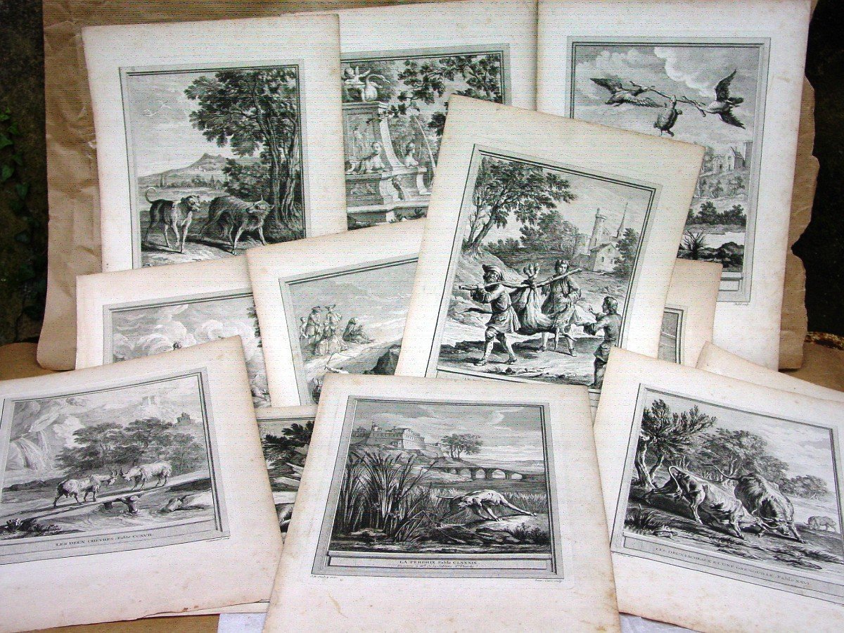 12 Engravings Fables De La Fontaine By Ap. Oudry Mid 18th Century 