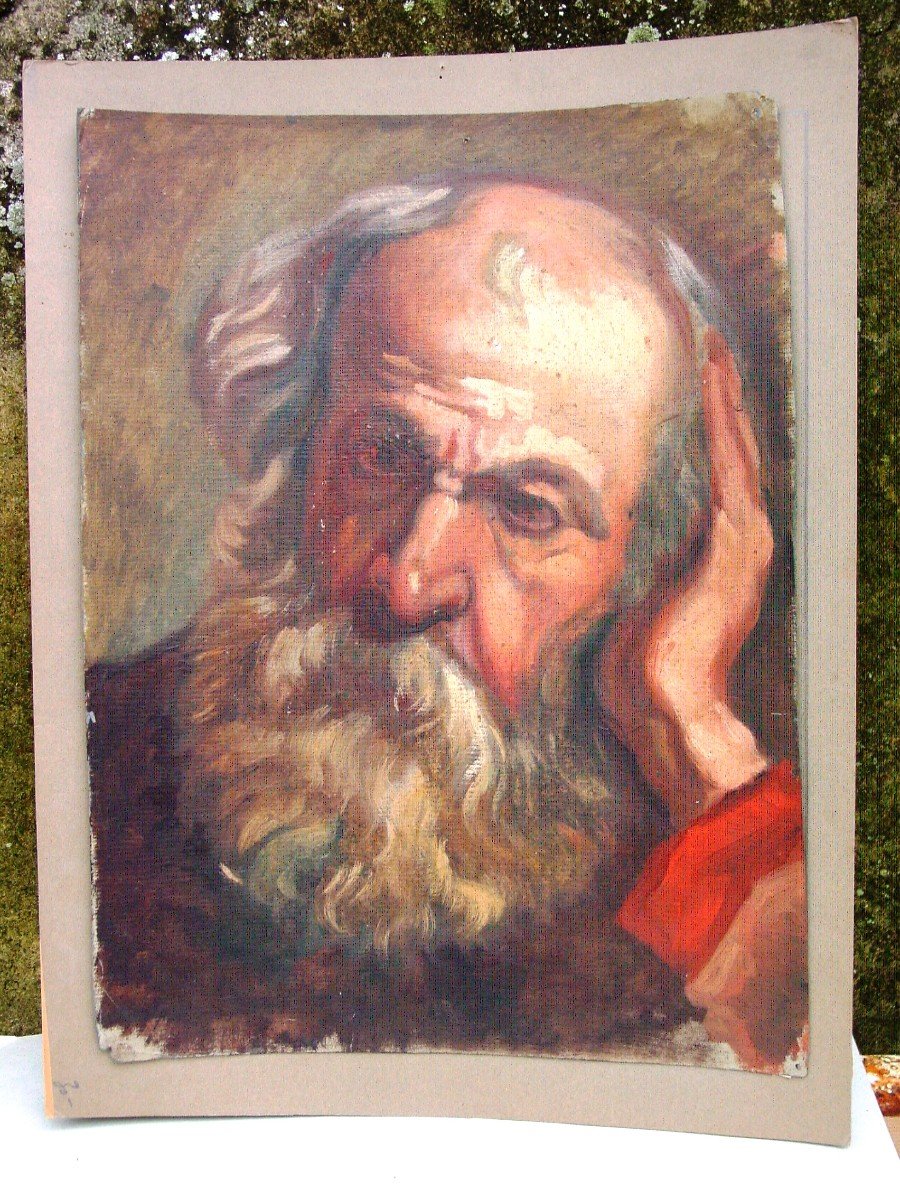 Oil On Cardboard From The 19th Century Portrait Of A Philosopher, A Biblical Character